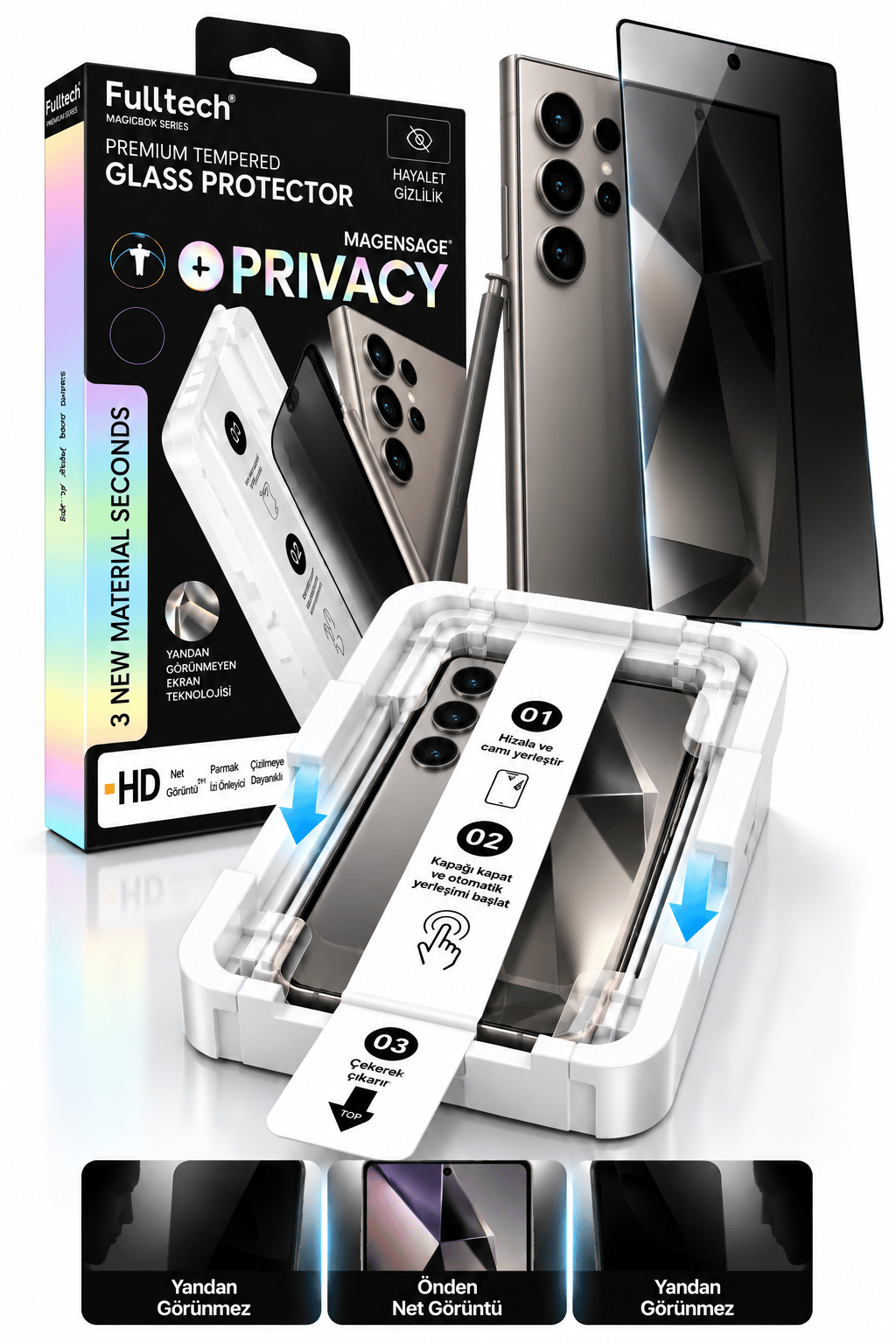 Fulltech Premium Samsung S24 Ultra Uyumlu Hayalet Kırılmaz Cam Ekran Koruyucu – Privacy Gizlilik Filtreli, 9H Temperli Cam