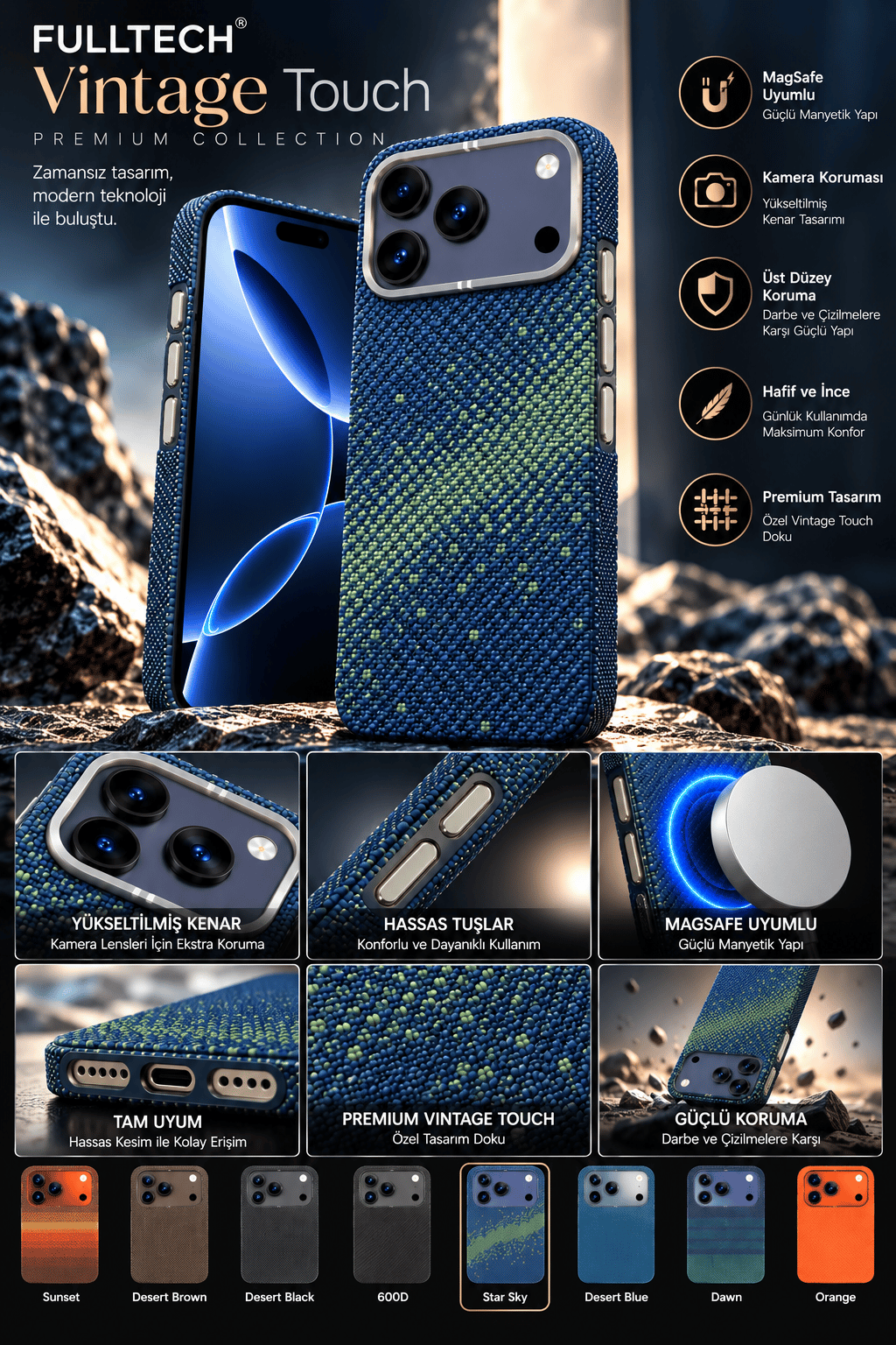 Fulltech Vintage Touch Premium iphone 15 Pro Max Uyumlu MagSafe Kılıf – Özel Karbon Desenli Tasarım, Kamera Koruma, Şık ve Hafif Yapı – Star Sky