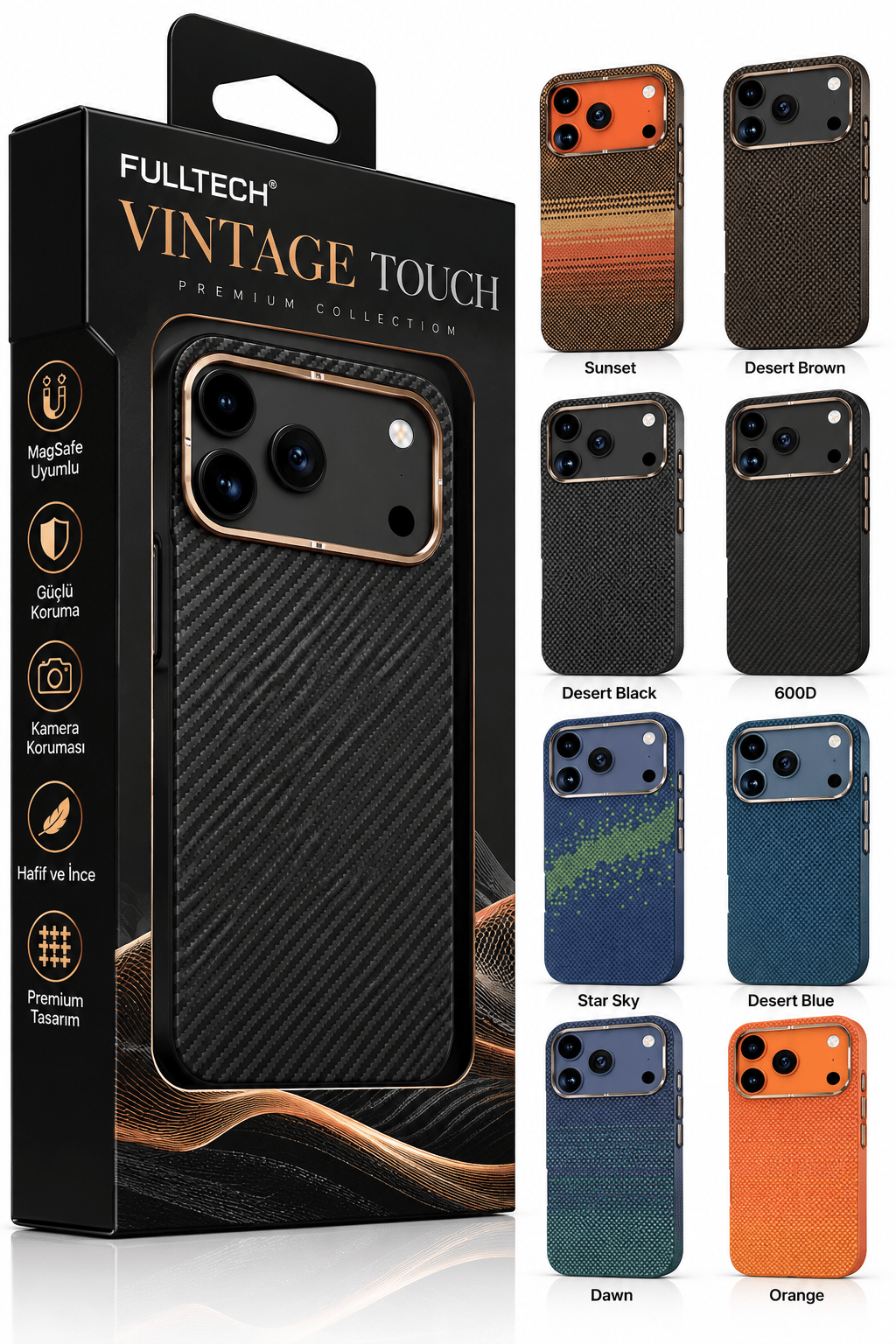 Fulltech Vintage Touch Premium iphone 16 Pro Max Uyumlu MagSafe Kılıf – Özel Karbon Desenli Tasarım, Kamera Koruma, Şık ve Hafif Yapı – Desert Brown