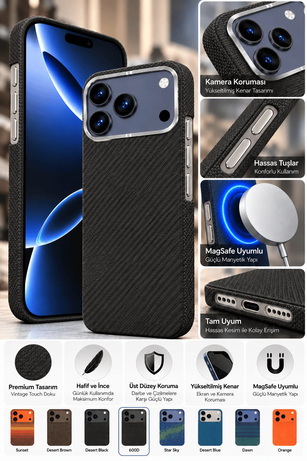 Fulltech Vintage Touch Premium iphone 16 Pro Uyumlu MagSafe Kılıf – Özel Karbon Desenli Tasarım, Kamera Koruma, Şık ve Hafif Yapı – Karbon Siyah