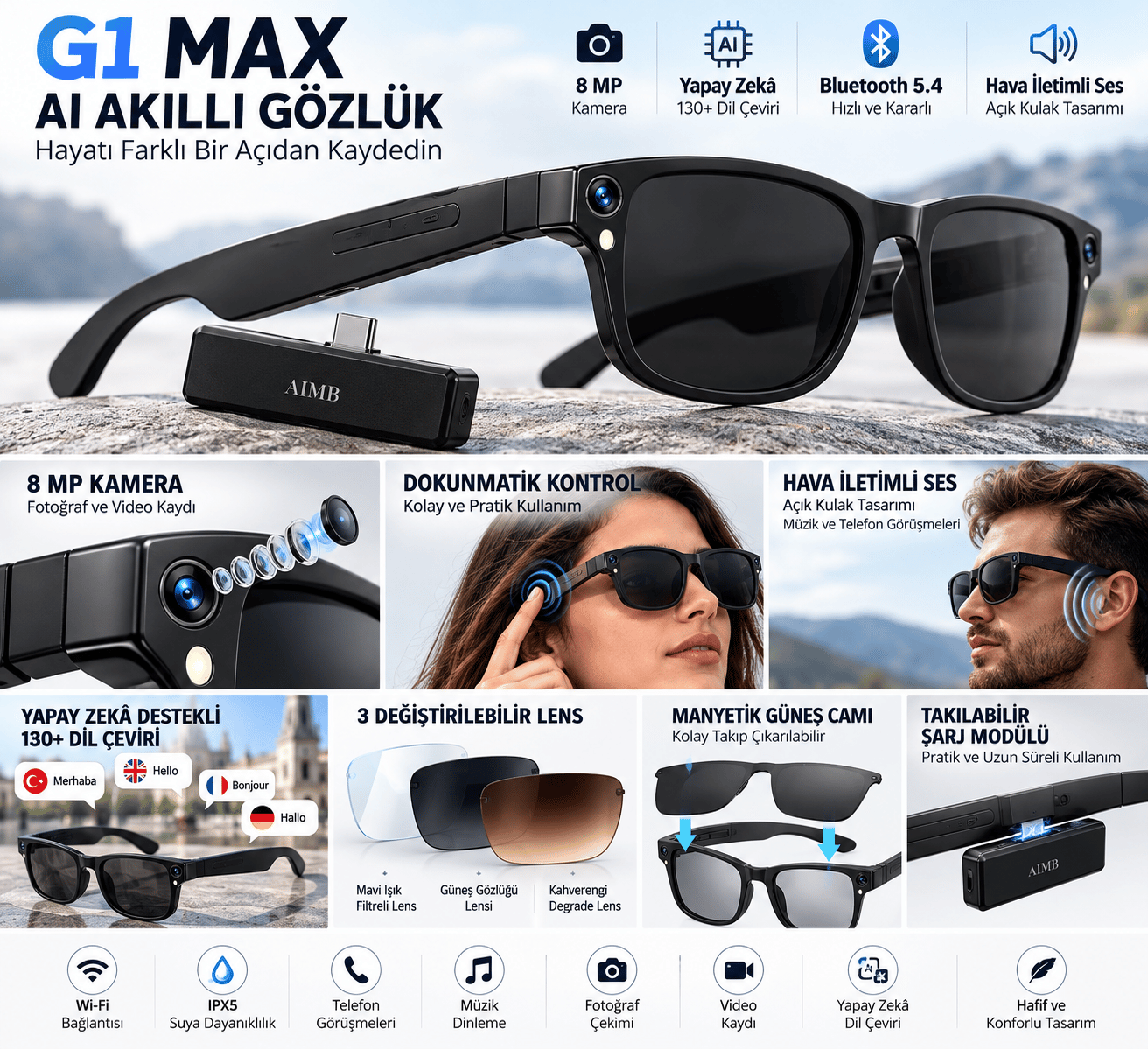 G1 Max Akıllı Gözlük 8 MP Kamera, Yapay Zekâ Destekli Dil Çeviri, Takılabilir Şarj Modülü, Bluetooth ve 3 Değiştirilebilir Lens