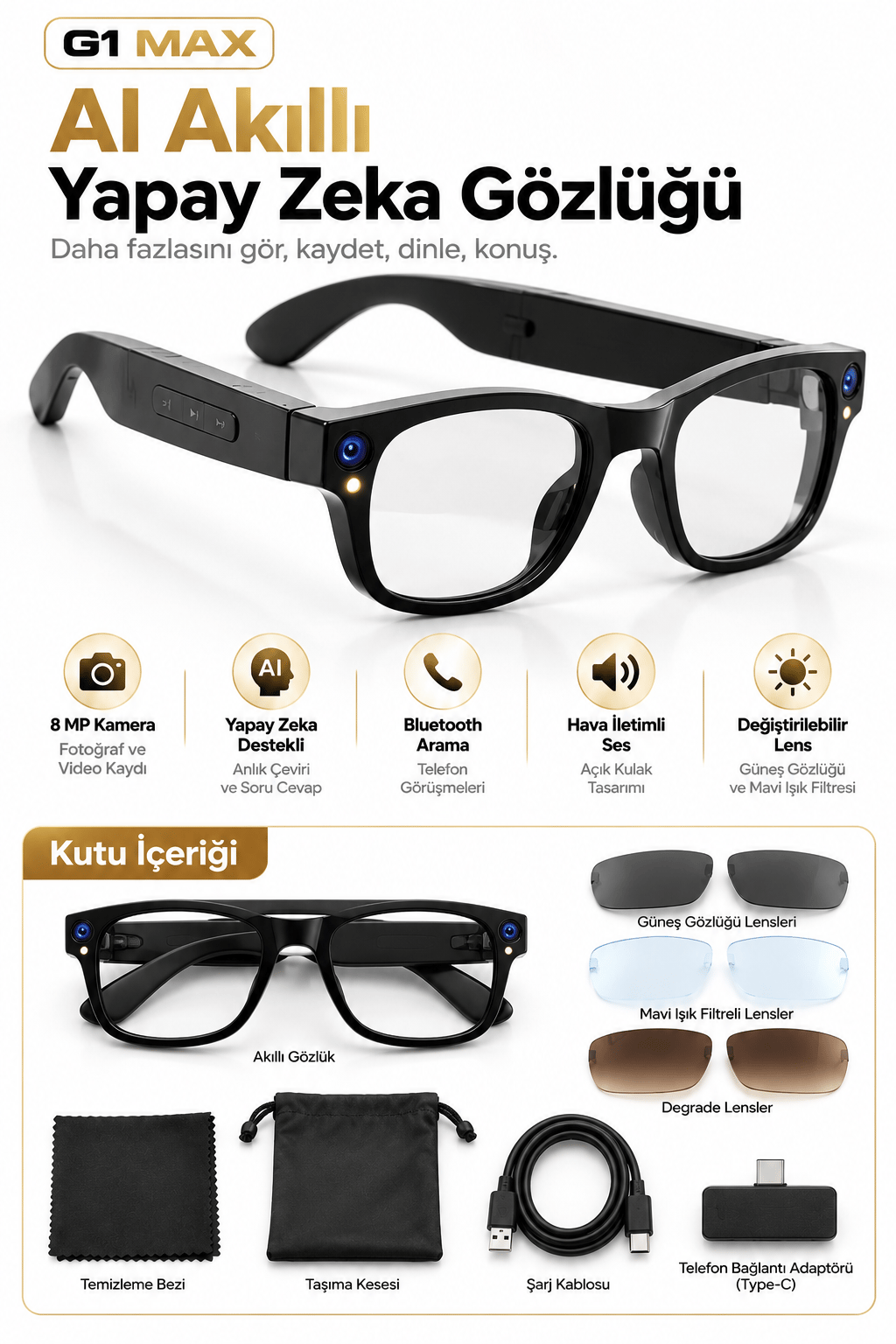 G1 Max Akıllı Gözlük 8 MP Kamera, Yapay Zekâ Destekli Dil Çeviri, Takılabilir Şarj Modülü, Bluetooth ve 3 Değiştirilebilir Lens