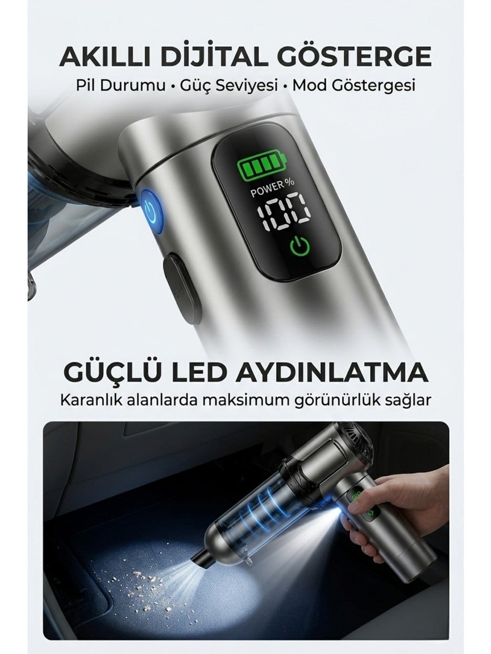 Harvox 20.000 Pa Profesyonel Led Işıklı Araç Süpürgesi – Taşınabilir, 6000 mAh,Üflemeli, Çantalı Gri