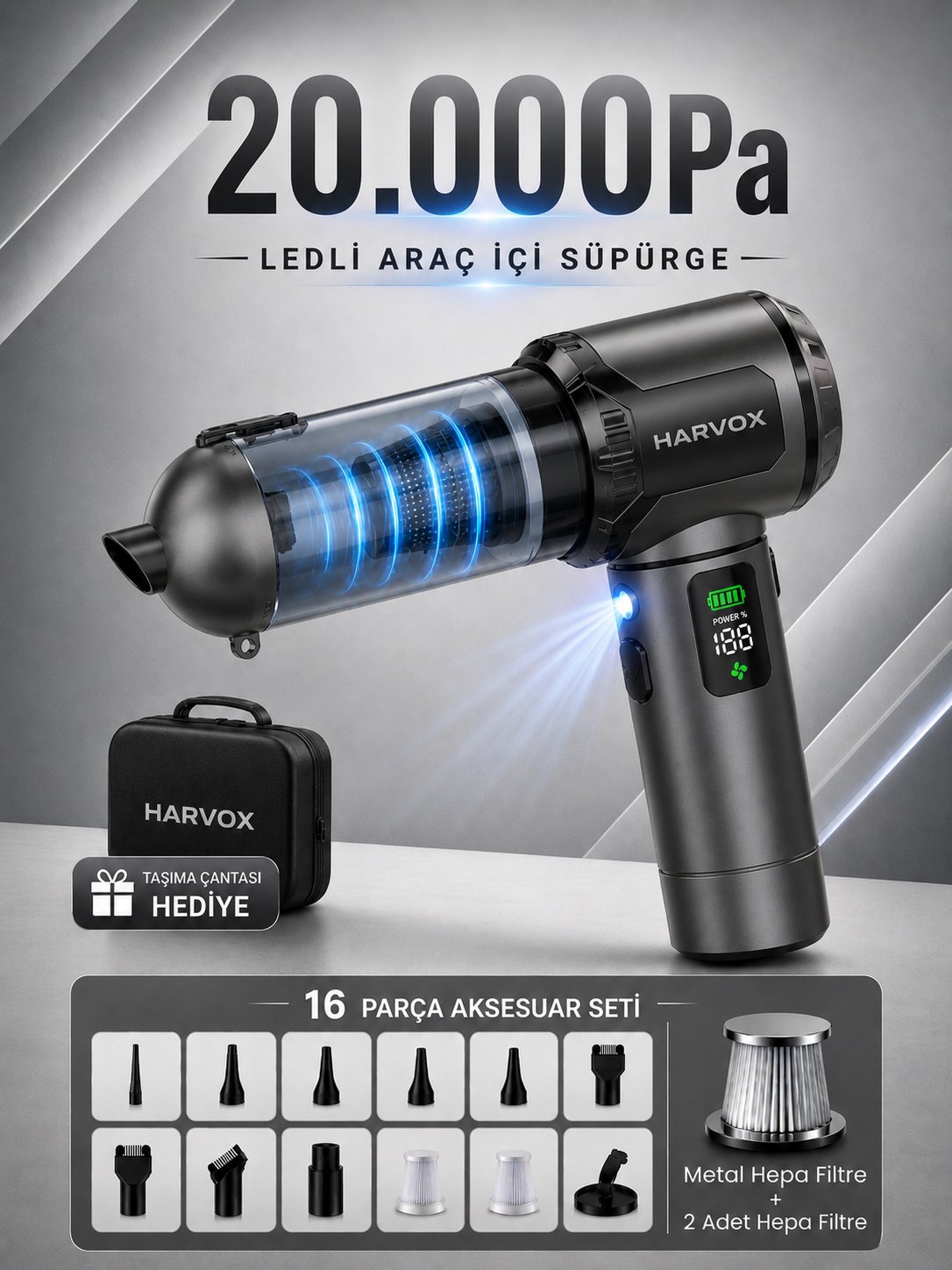 Harvox 20.000 Pa Profesyonel Led Işıklı Araç Süpürgesi – Taşınabilir, 6000 mAh,Üflemeli, Çantalı Gri-Siyah