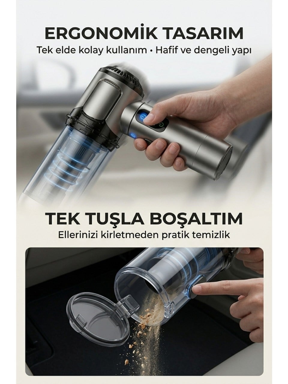 Harvox 20.000 Pa Profesyonel Led Işıklı Araç Süpürgesi – Taşınabilir, 6000 mAh,Üflemeli, Çantalı Gri