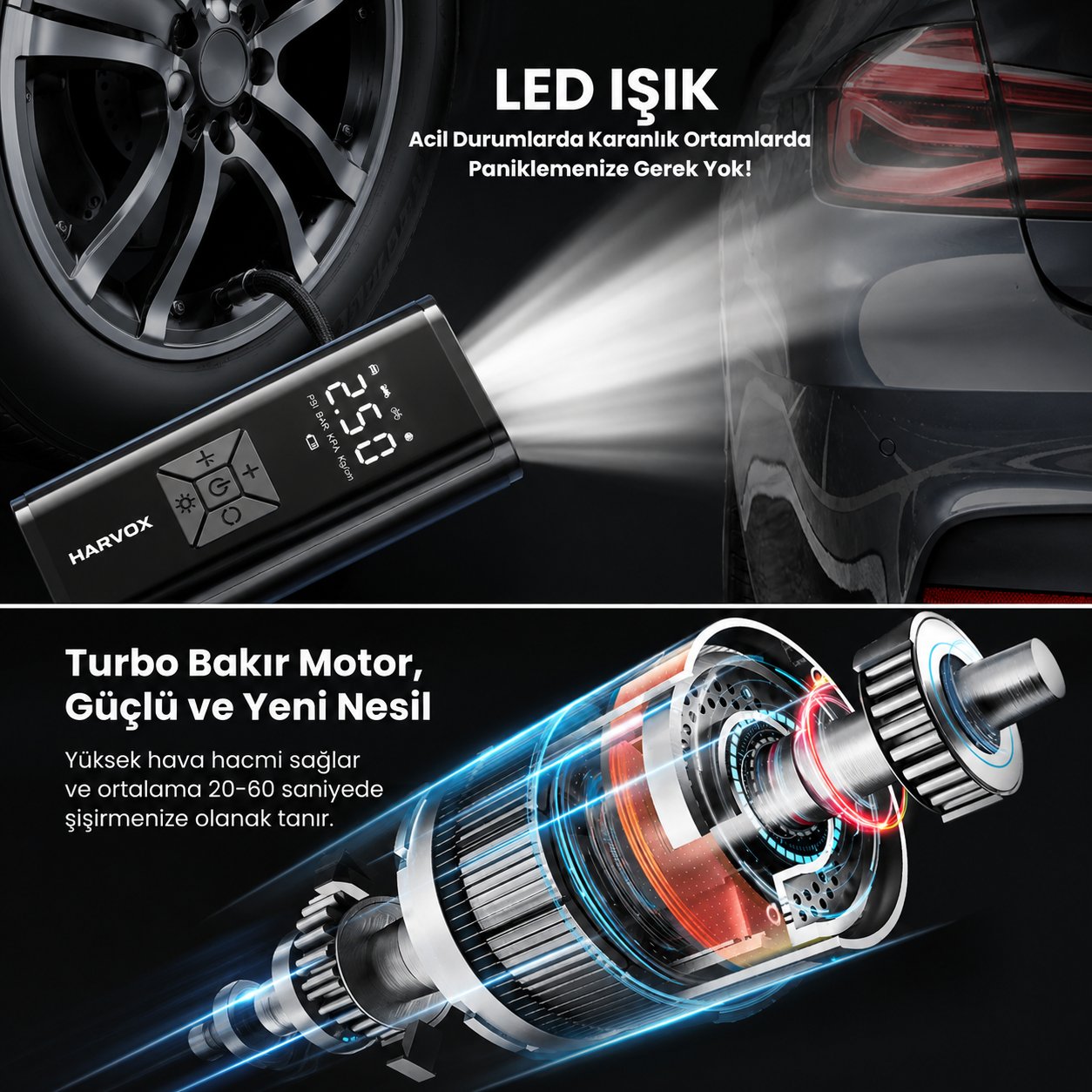 Harvox 6.000 Mah Mobil Hava Kompresörü Led Işıklı Şarjlı Digital Gösterge Araç Lastik Şişirme 150 PSI