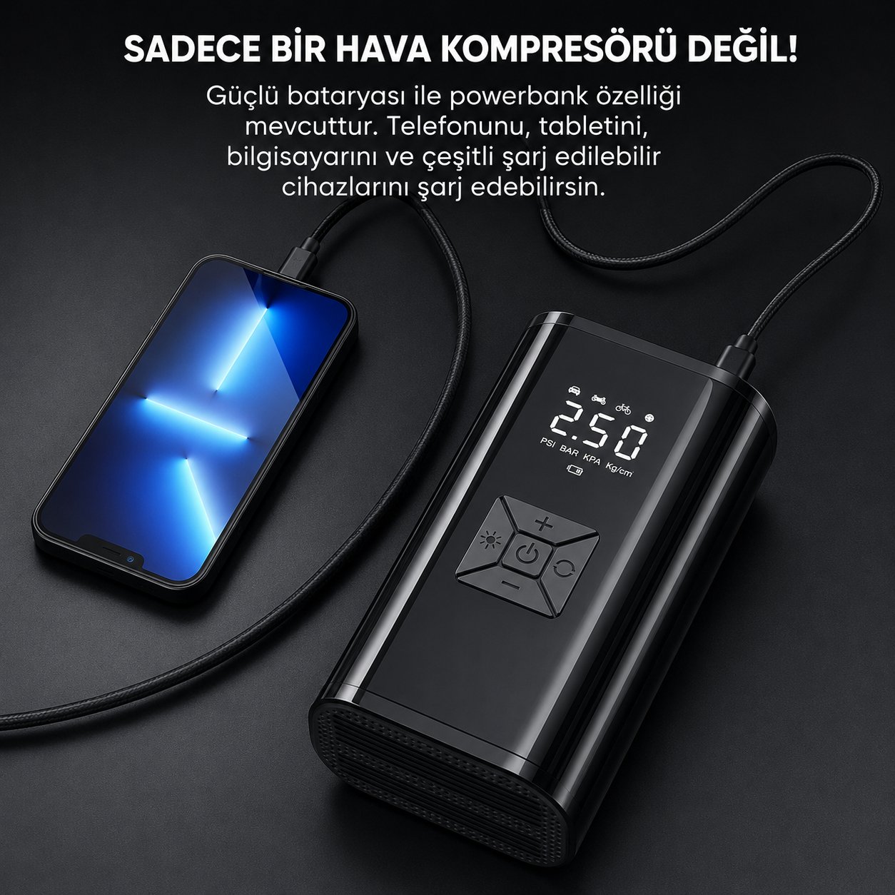 Harvox 6.000 Mah Mobil Hava Kompresörü Led Işıklı Şarjlı Digital Gösterge Araç Lastik Şişirme 150 PSI