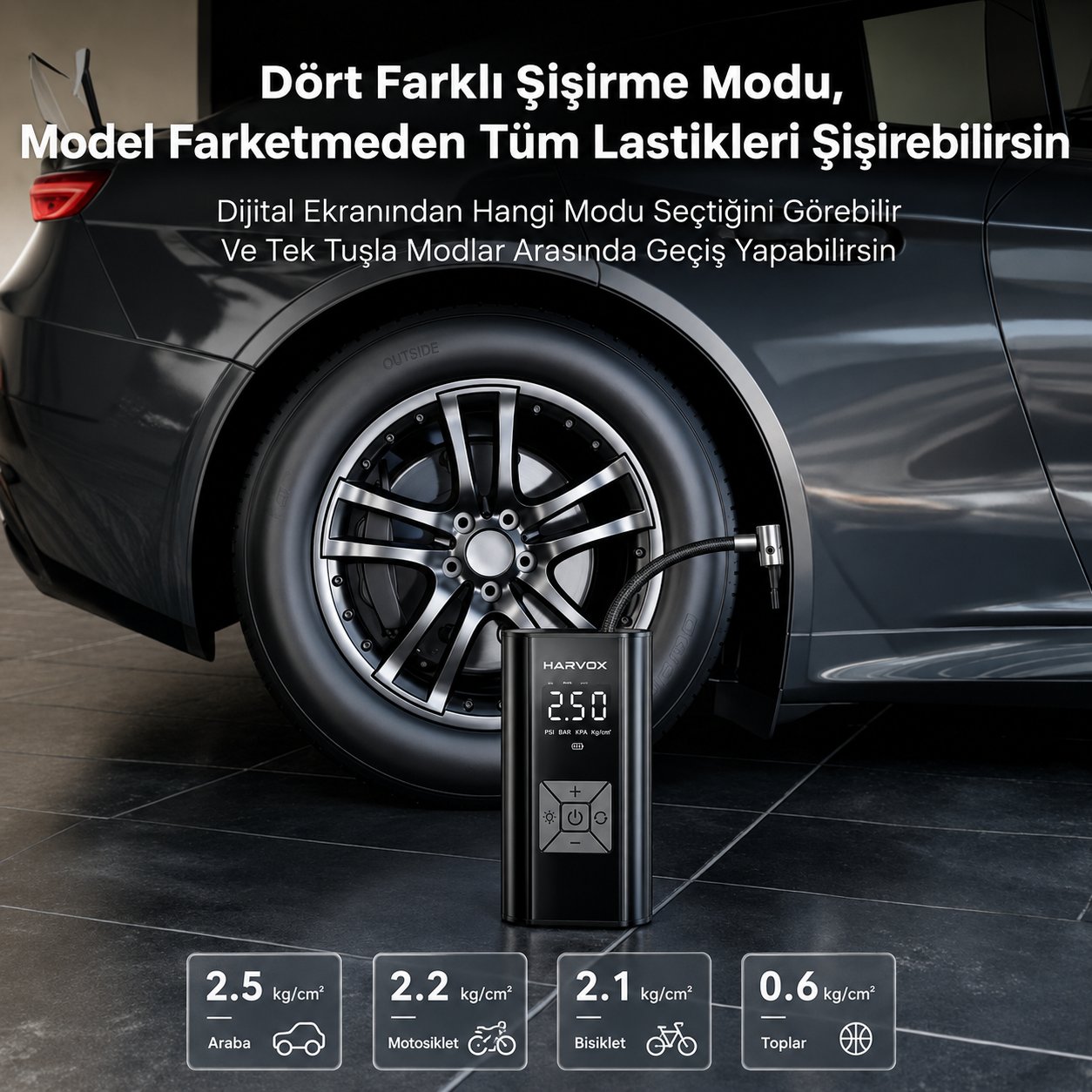 Harvox 6.000 Mah Mobil Hava Kompresörü Led Işıklı Şarjlı Digital Gösterge Araç Lastik Şişirme 150 PSI