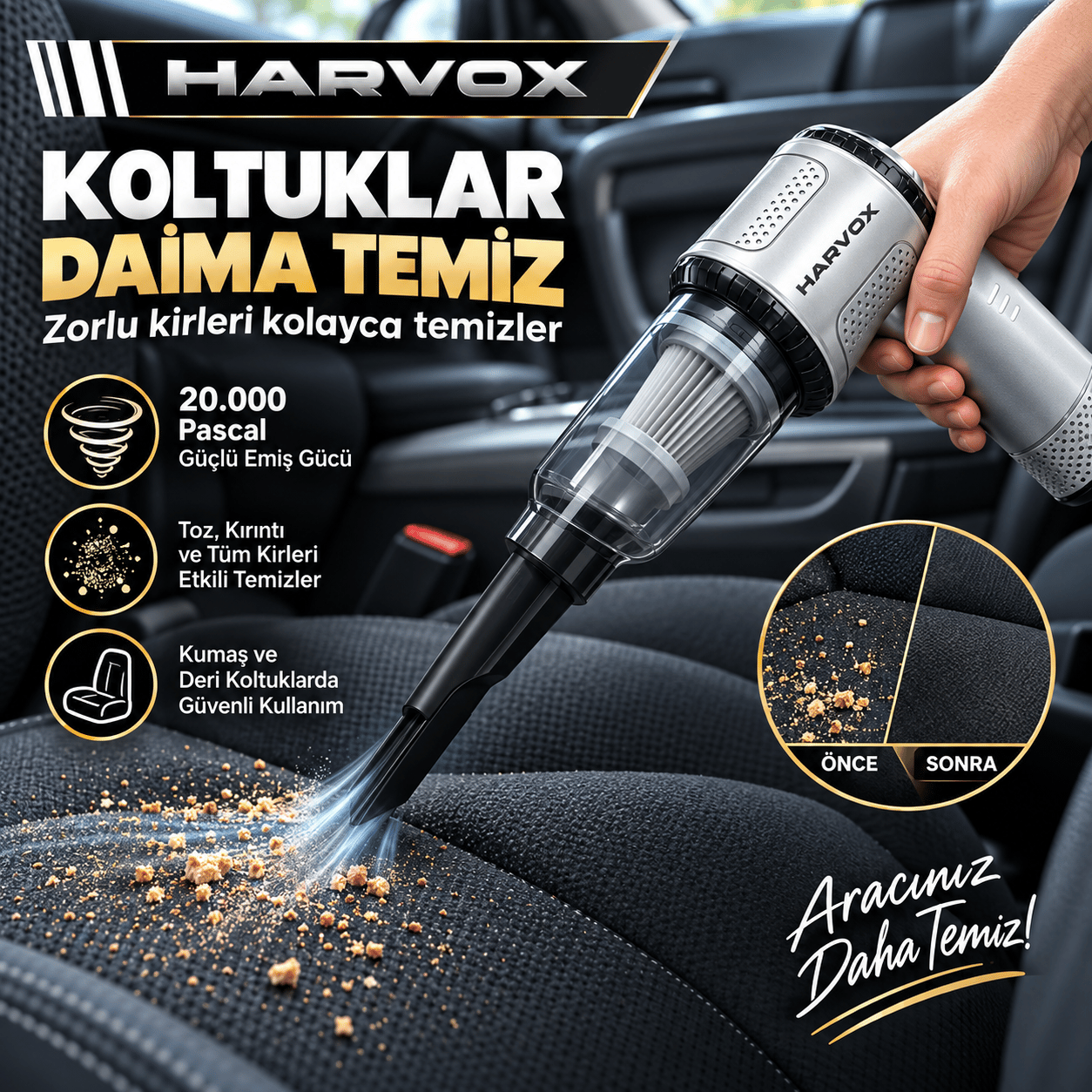 Harvox HXVC-008 20.000 Pa Kablosuz Araç Süpürgesi – 3 Kademeli Brushless Motor, Üfleme & Şişirme