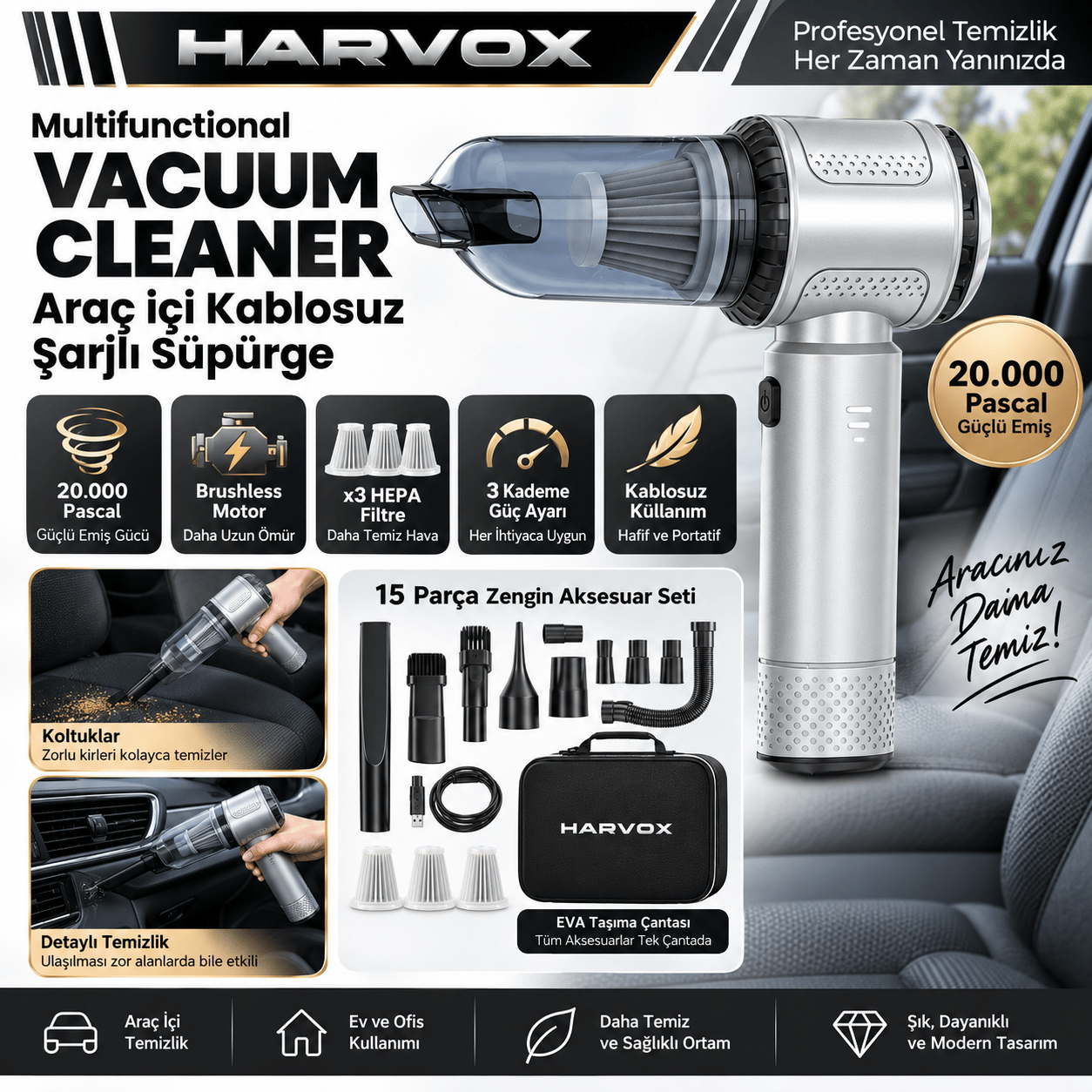Harvox HXVC-008 20.000 Pa Kablosuz Araç Süpürgesi – 3 Kademeli Brushless Motor, Üfleme & Şişirme