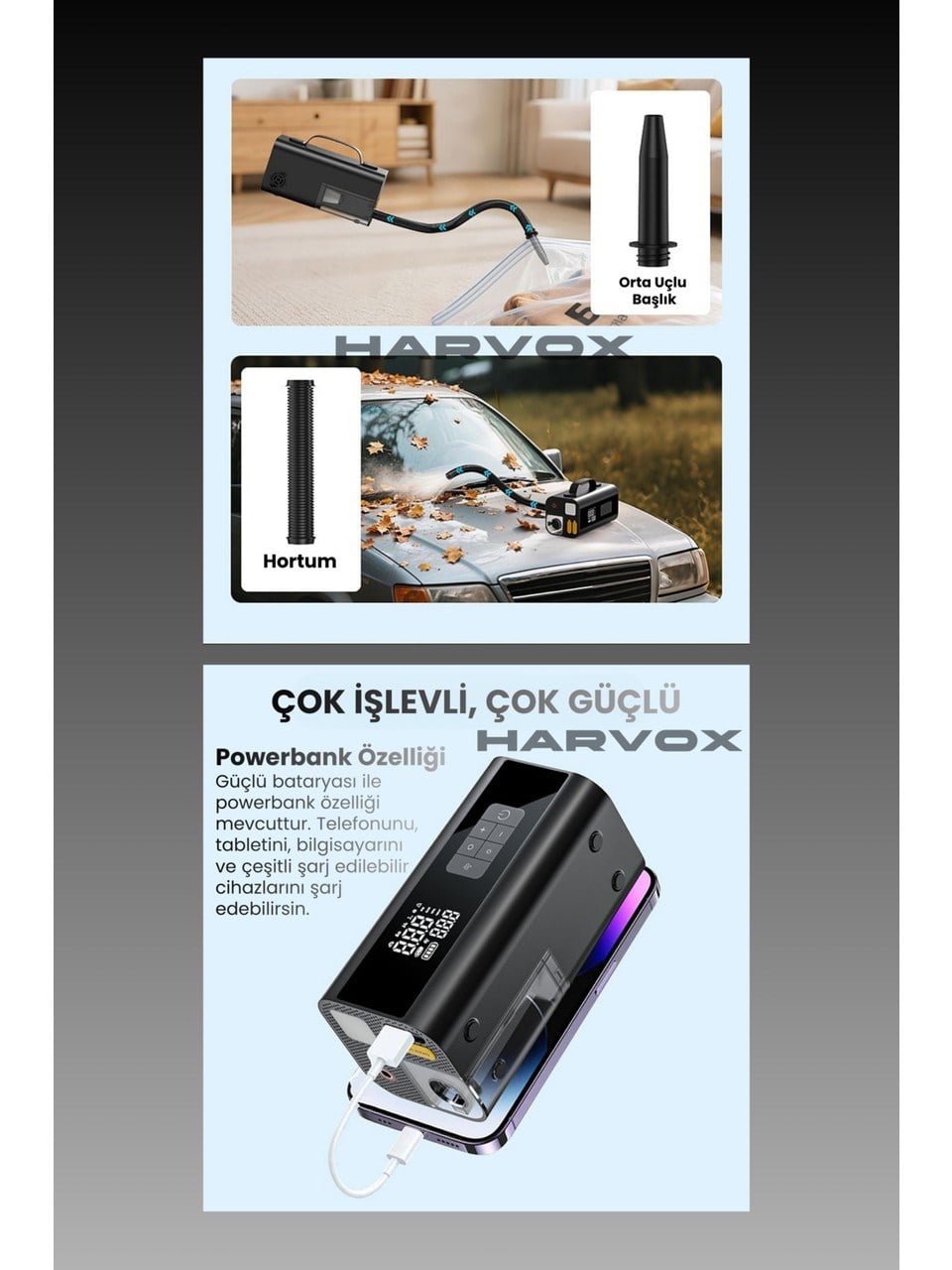 Harvox Jump Starter Akü Takviye Cihazı 10 in 1 Powerbank, Hava Kompresörü, LCD EKRAN,12.000MAH