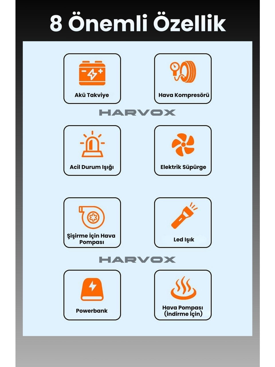 Harvox Jump Starter Akü Takviye Cihazı 10 in 1 Powerbank, Hava Kompresörü, LCD EKRAN,12.000MAH