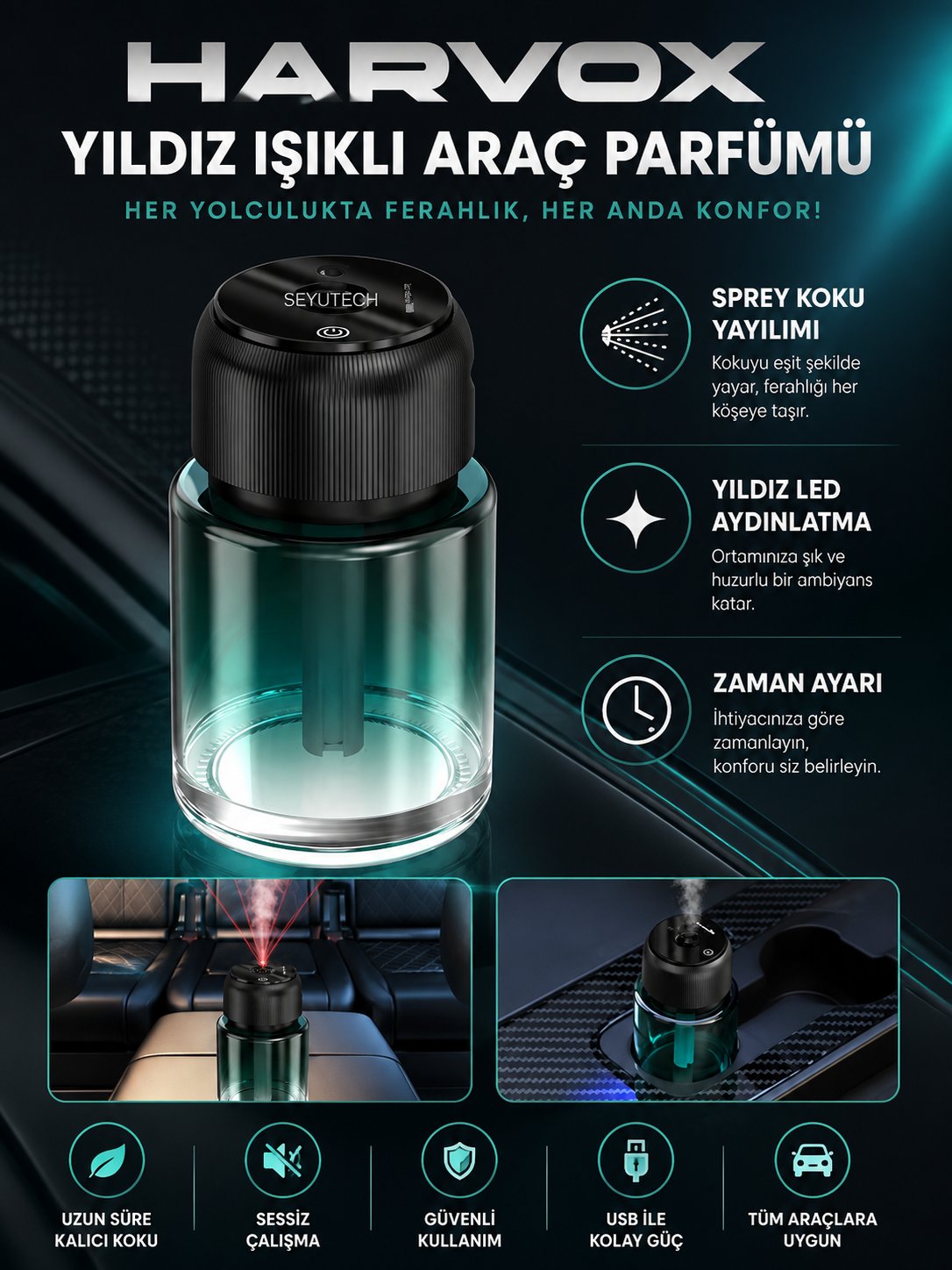 Harvox Şarjlı Yıldız Tavan Efektli Araç ve Ofis İçi Buharlı Nemlendirici Koku Araç Parfümü 160 ML