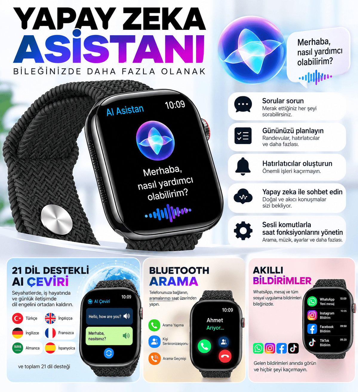 HK12 Pro AI Akıllı Saat 2.02” AMOLED Ekran, Yapay Zeka, 21 Dil Çeviri, Bluetooth Arama, WhatsApp, Kablosuz Şarj Gümüş