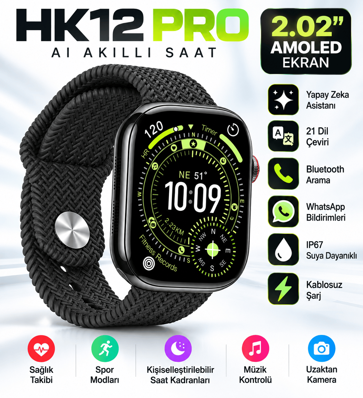 HK12 Pro AI Akıllı Saat 2.02” AMOLED Ekran, Yapay Zeka, 21 Dil Çeviri, Bluetooth Arama, WhatsApp, Kablosuz Şarj Siyah