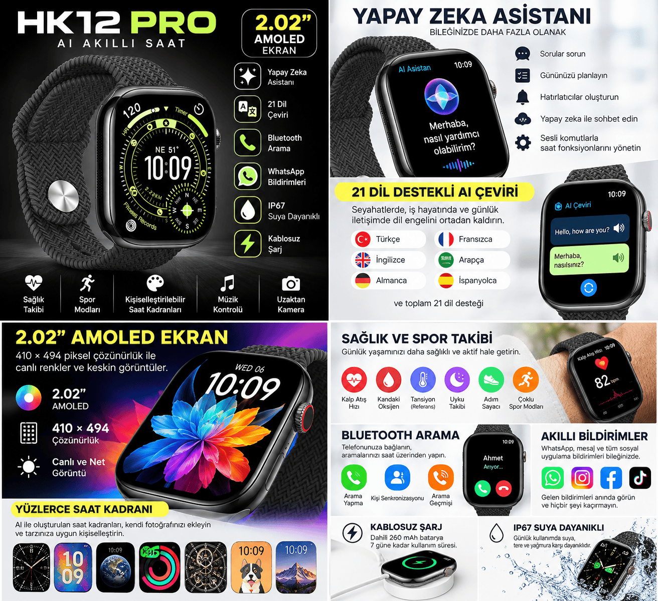 HK12 Pro AI Akıllı Saat 2.02” AMOLED Ekran, Yapay Zeka, 21 Dil Çeviri, Bluetooth Arama, WhatsApp, Kablosuz Şarj Siyah