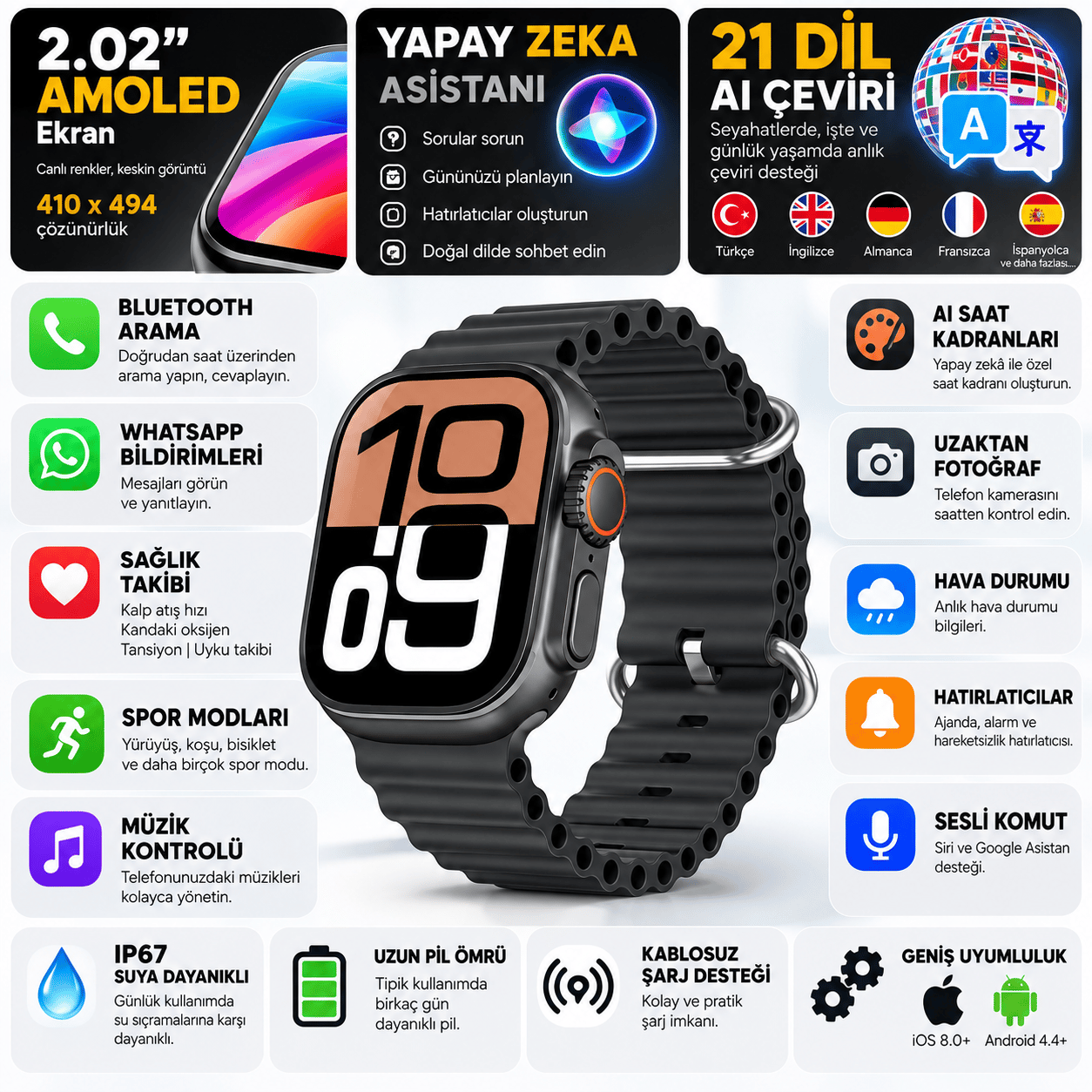 HK12 Ultra 4 AI Akıllı Saat 2.02” AMOLED, ChatGPT, 21 Dil AI Çeviri, WhatsApp Yanıtlama, Bluetooth Arama, IP67-Siyah