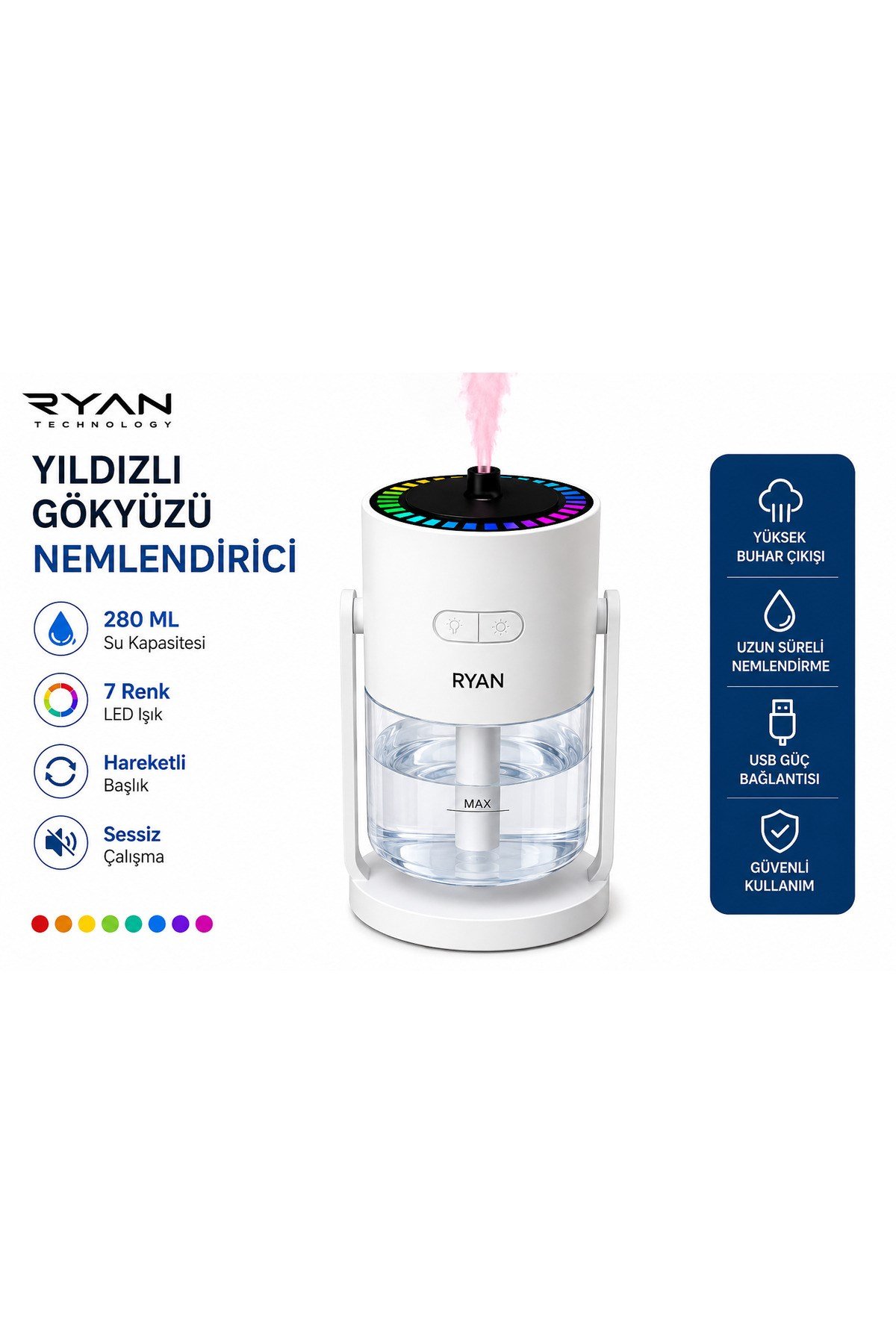 ıldız Gökyüzü Projeksiyonlu Hava Nemlendirici 280 ML – 7 Renk LED, 180° Gece Lambası ve Aroma Difüzör