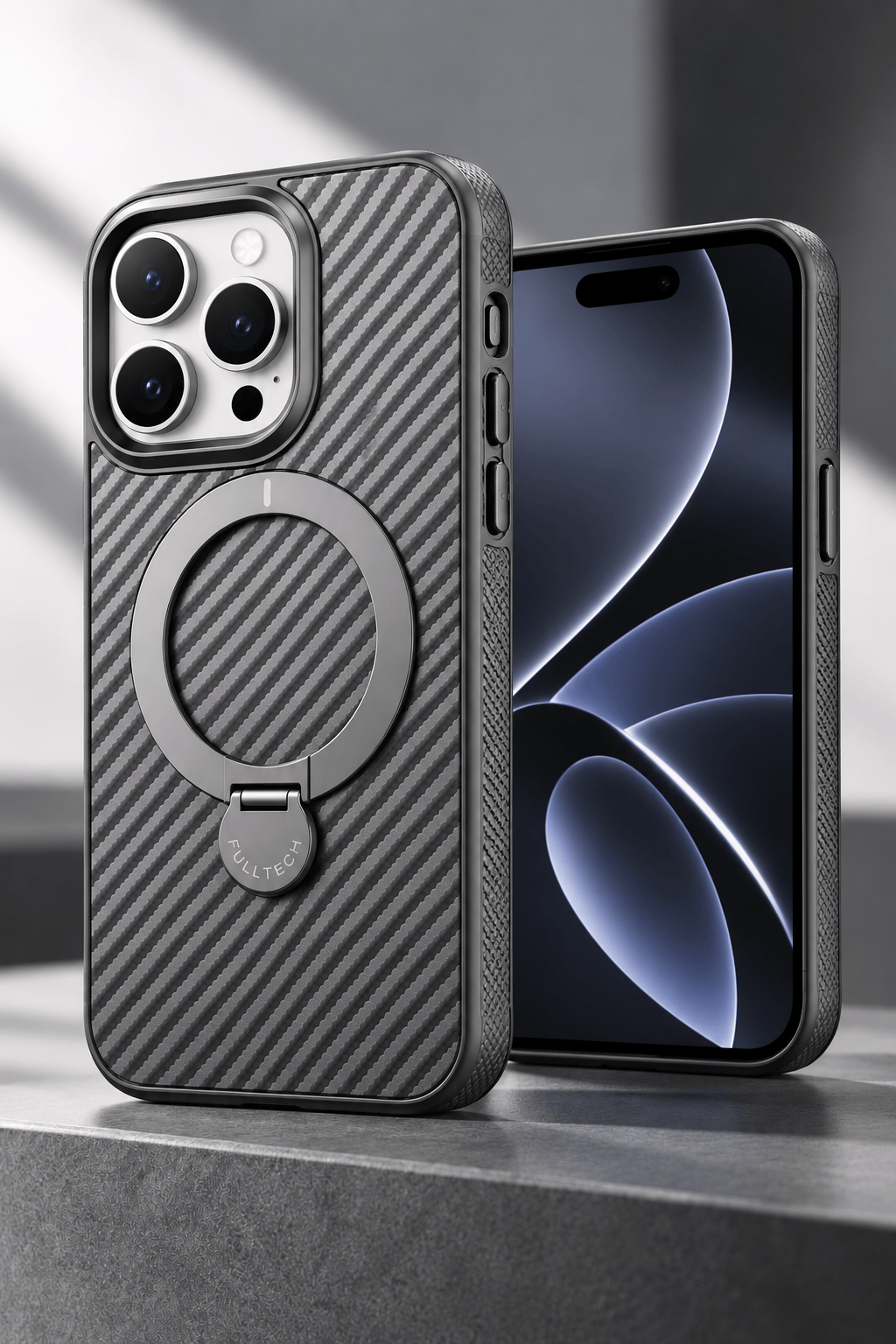 iPhone 15 Pro Max Premium Karbon Desenli Standlı Telefon Kılıfı MagSafe Uyumlu Kamera Korumalı - Gri