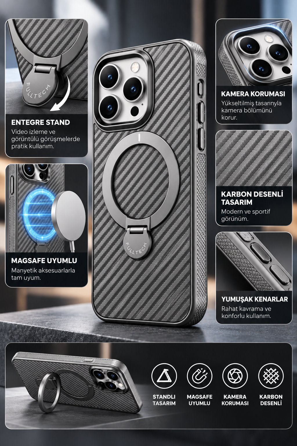 iPhone 15 Pro Max Premium Karbon Desenli Standlı Telefon Kılıfı MagSafe Uyumlu Kamera Korumalı - Gri