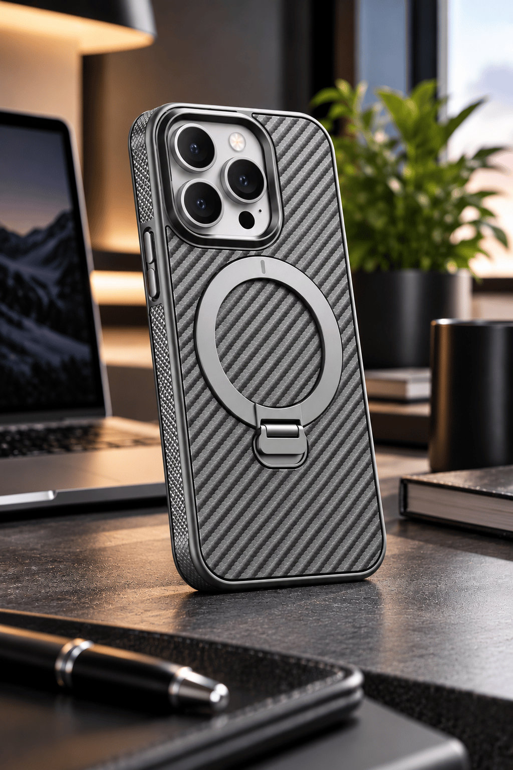 iPhone 15 Pro Max Premium Karbon Desenli Standlı Telefon Kılıfı MagSafe Uyumlu Kamera Korumalı - Gri