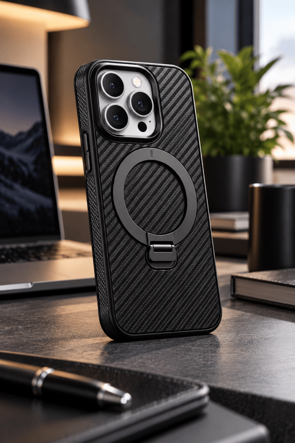 iPhone 15 Pro Max Premium Karbon Desenli Standlı Telefon Kılıfı MagSafe Uyumlu Kamera Korumalı - Siyah