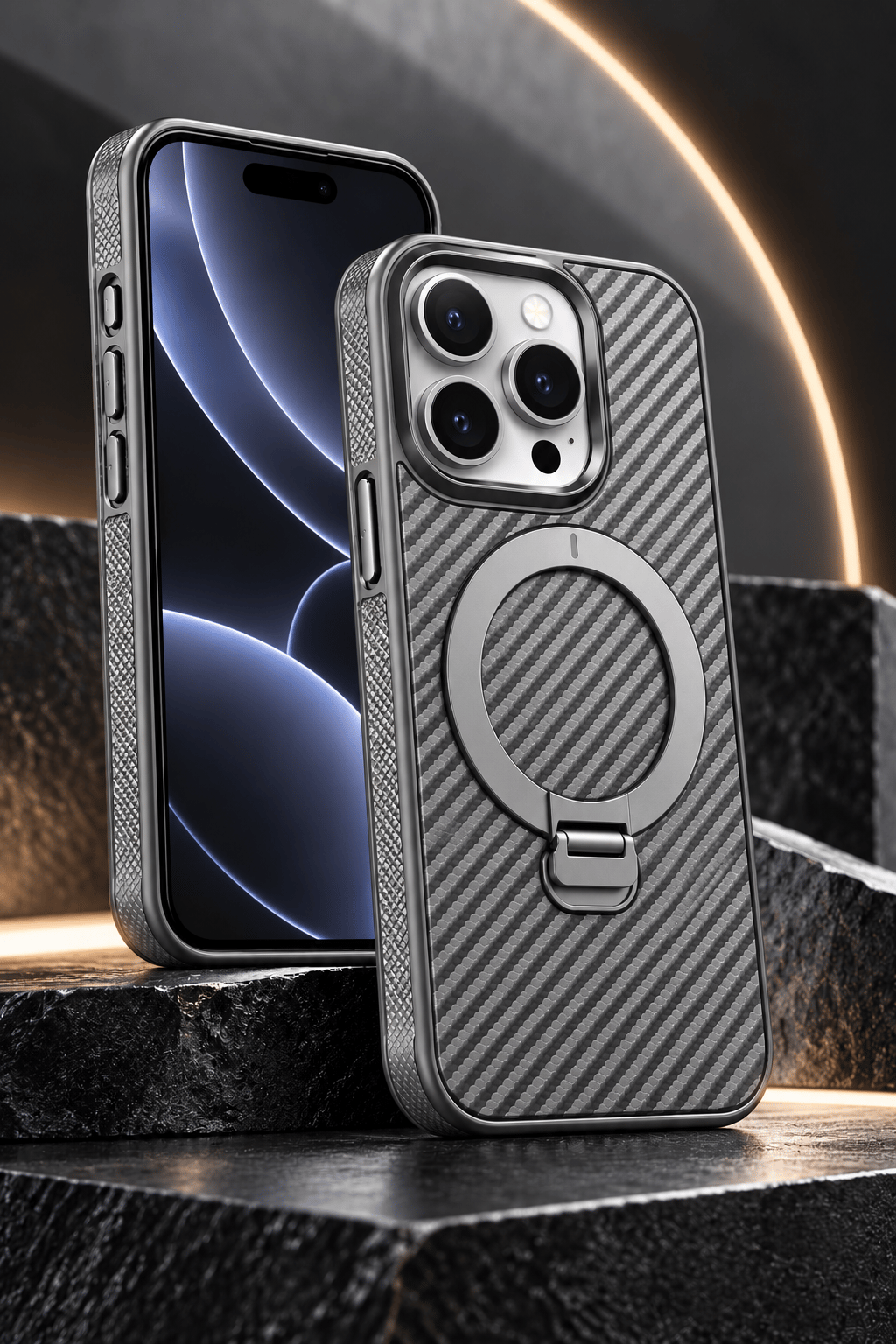 iPhone 15 Pro Max Premium Karbon Desenli Standlı Telefon Kılıfı MagSafe Uyumlu Kamera Korumalı - Gri