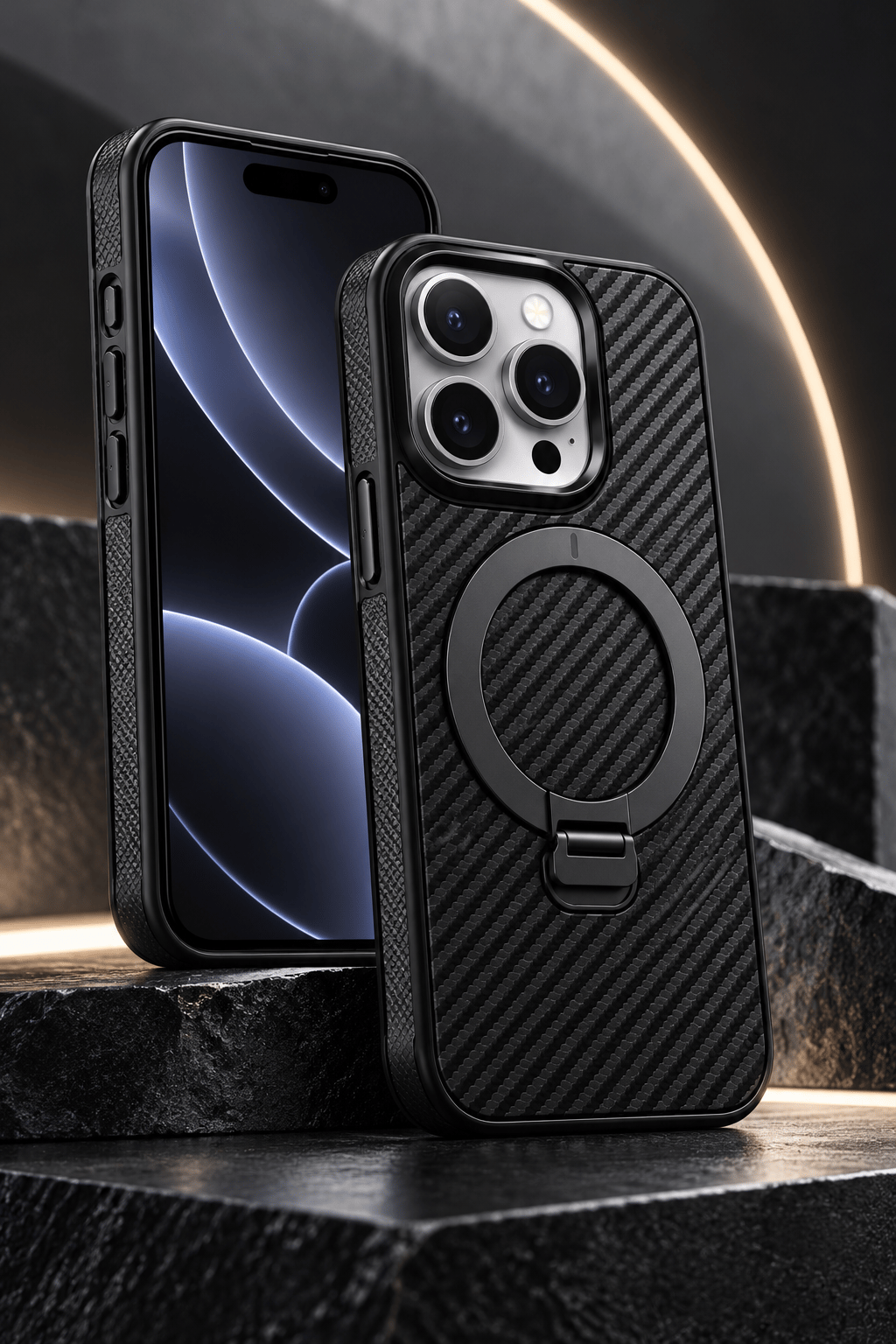 iPhone 15 Pro Max Premium Karbon Desenli Standlı Telefon Kılıfı MagSafe Uyumlu Kamera Korumalı - Siyah