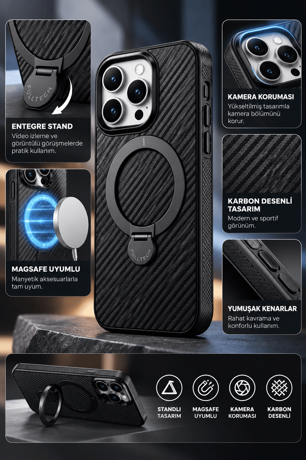 iPhone 15 Pro Max Premium Karbon Desenli Standlı Telefon Kılıfı MagSafe Uyumlu Kamera Korumalı - Siyah