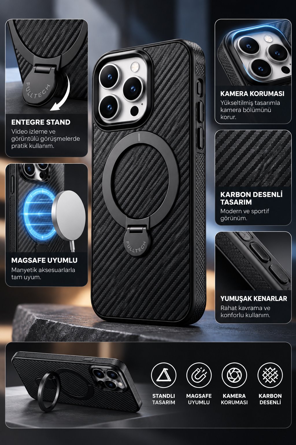 iPhone 15 Pro Max Premium Karbon Desenli Standlı Telefon Kılıfı MagSafe Uyumlu Kamera Korumalı - Siyah