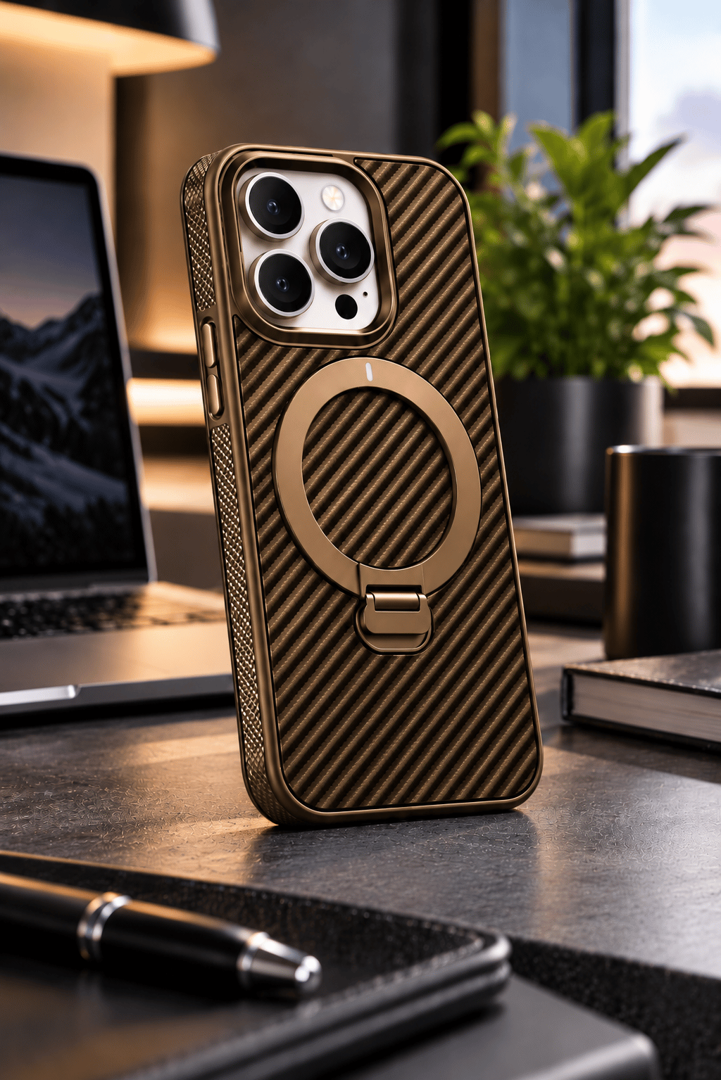 iPhone 16 Pro Max Premium Karbon Desenli Standlı Telefon Kılıfı MagSafe Uyumlu Kamera Korumalı - Gold