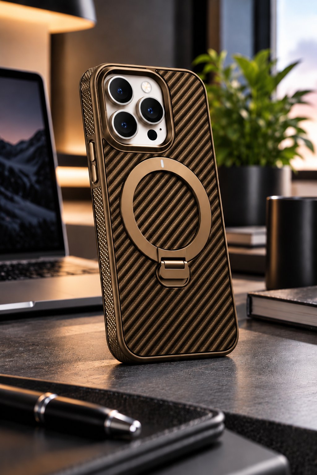 iPhone 16 Pro Max Premium Karbon Desenli Standlı Telefon Kılıfı MagSafe Uyumlu Kamera Korumalı - Gold