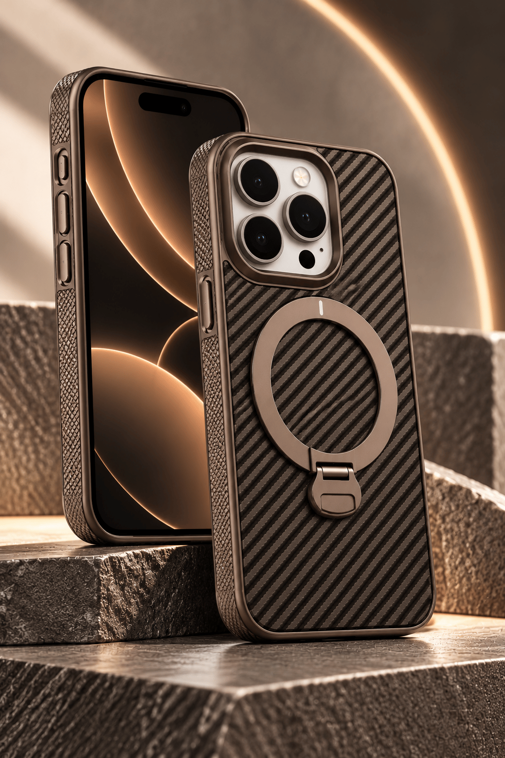 iPhone 16 Pro Max Premium Karbon Desenli Standlı Telefon Kılıfı MagSafe Uyumlu Kamera Korumalı - Gold
