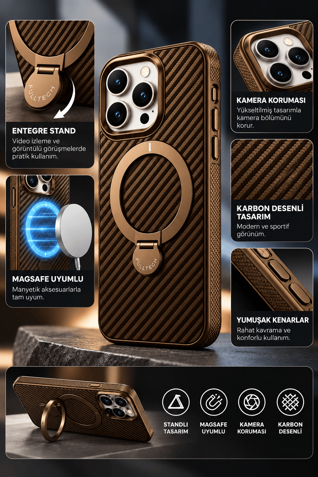 iPhone 16 Pro Max Premium Karbon Desenli Standlı Telefon Kılıfı MagSafe Uyumlu Kamera Korumalı - Gold