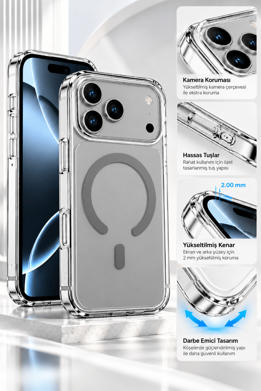 iphone 16 Pro Max Premium Şeffaf MagSafe Telefon Kılıfı – Güçlü Manyetik Şarj Destekli, Darbe Emici, 2 mm Yükseltilmiş Kenar, Kamera Korumalı – Titanyum Grey