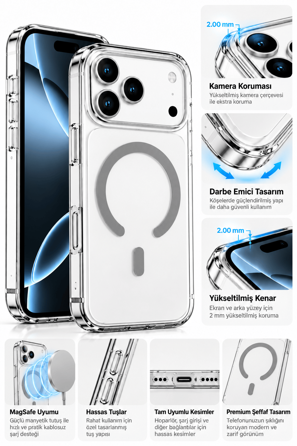 iphone 16 Pro Max Premium Şeffaf MagSafe Telefon Kılıfı – Güçlü Manyetik Şarj Destekli, Darbe Emici, 2 mm Yükseltilmiş Kenar, Kamera Korumalı – Titanyum Grey