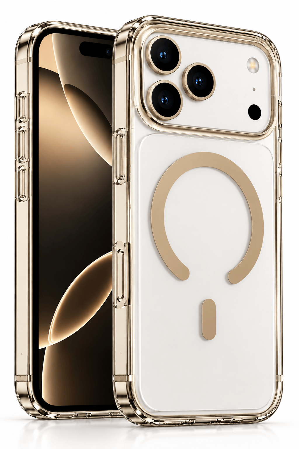 iphone 16 Pro Premium Şeffaf MagSafe Telefon Kılıfı – Güçlü Manyetik Şarj Destekli, Darbe Emici, 2 mm Yükseltilmiş Kenar, Kamera Korumalı – Desert Gold