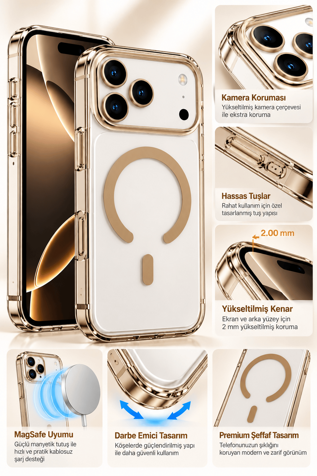 iphone 16 Pro Premium Şeffaf MagSafe Telefon Kılıfı – Güçlü Manyetik Şarj Destekli, Darbe Emici, 2 mm Yükseltilmiş Kenar, Kamera Korumalı – Desert Gold