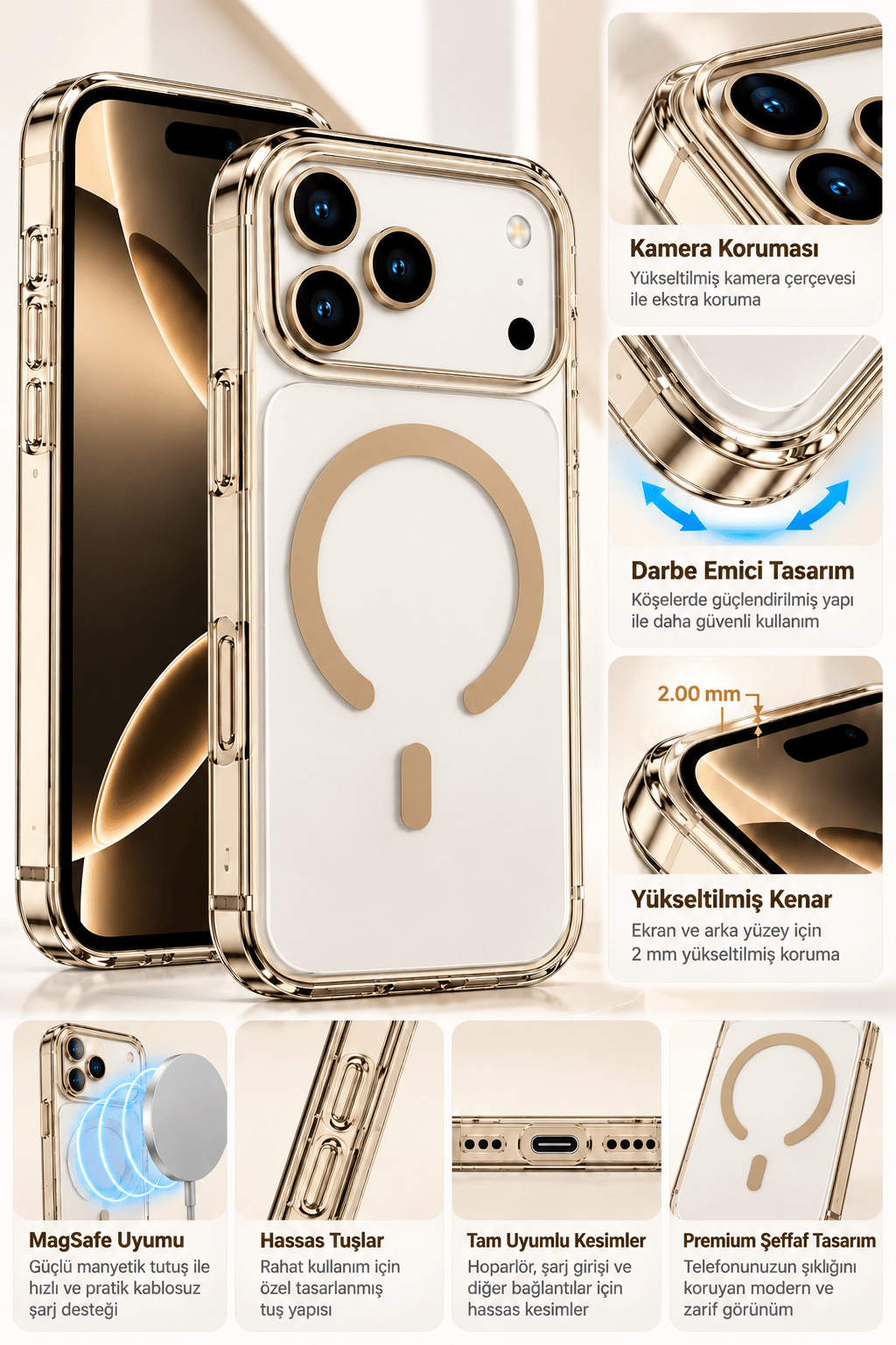 iphone 16 Pro Premium Şeffaf MagSafe Telefon Kılıfı – Güçlü Manyetik Şarj Destekli, Darbe Emici, 2 mm Yükseltilmiş Kenar, Kamera Korumalı – Desert Gold