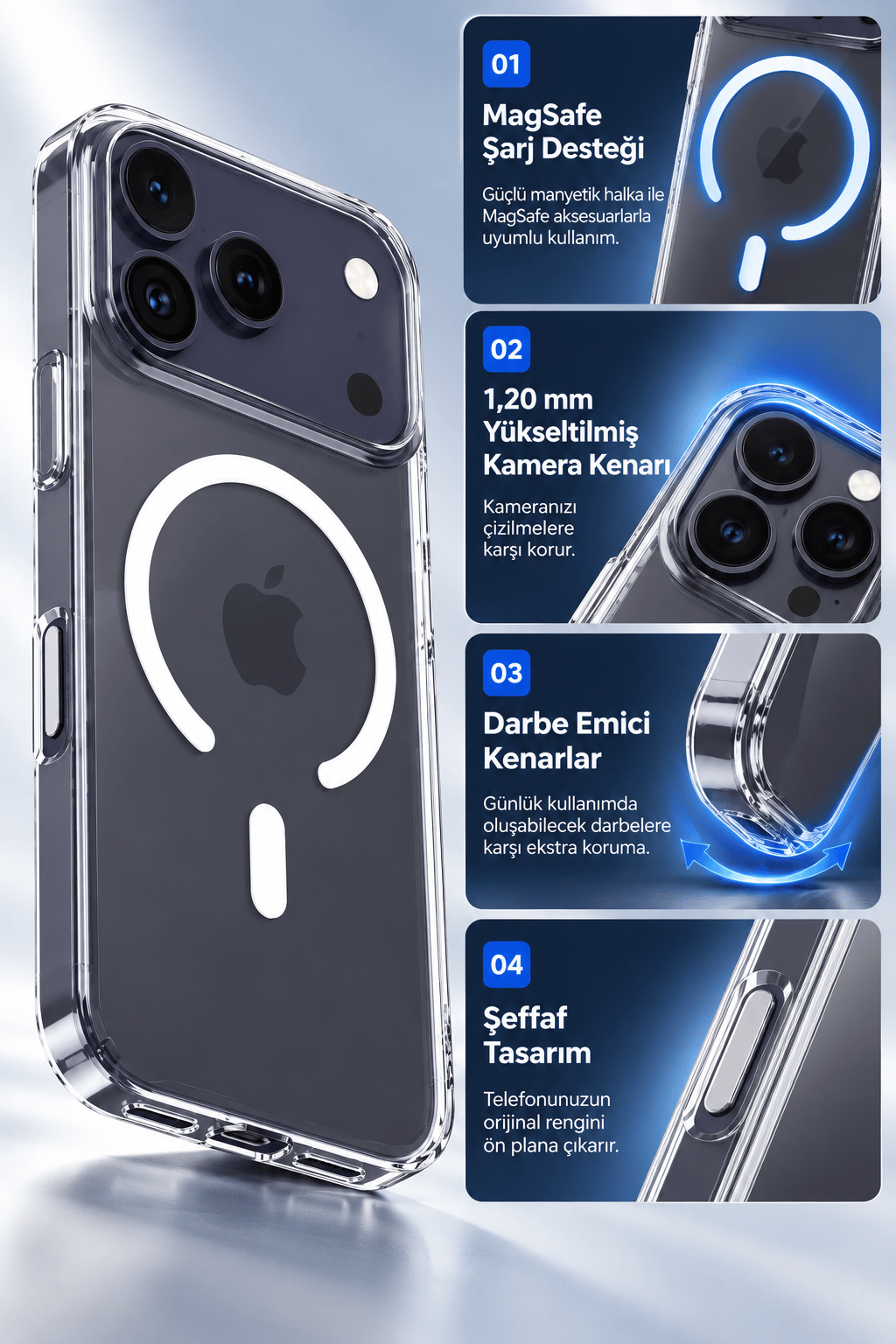iphone 17 Air Şeffaf MagSafe Telefon Kılıfı | Darbe Emici Kenarlar | 1,20 mm Yükseltilmiş Kamera Koruması