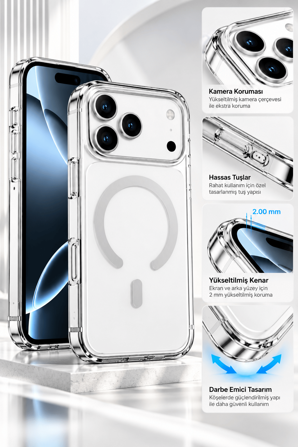 iphone 17 Premium Şeffaf MagSafe Telefon Kılıfı – Güçlü Manyetik Şarj Destekli, Darbe Emici, 2 mm Yükseltilmiş Kenar, Kamera Korumalı – Beyaz
