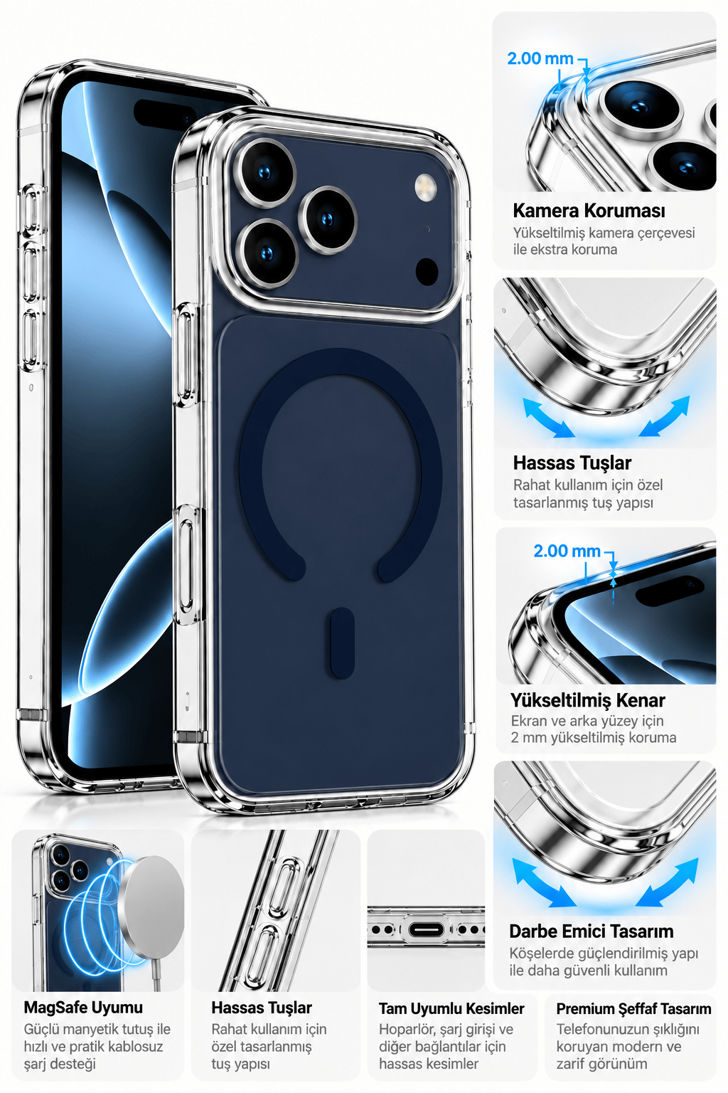 iphone 17 Premium Şeffaf MagSafe Telefon Kılıfı – Güçlü Manyetik Şarj Destekli, Darbe Emici, 2 mm Yükseltilmiş Kenar, Kamera Korumalı – Royal Blue