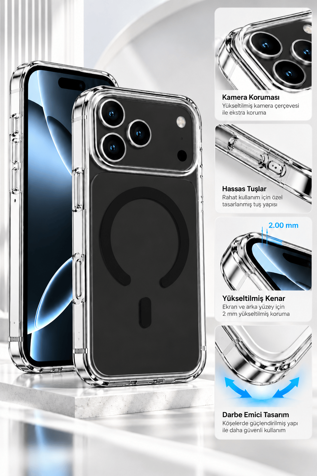 iphone 17 Premium Şeffaf MagSafe Telefon Kılıfı – Güçlü Manyetik Şarj Destekli, Darbe Emici, 2 mm Yükseltilmiş Kenar, Kamera Korumalı – Black