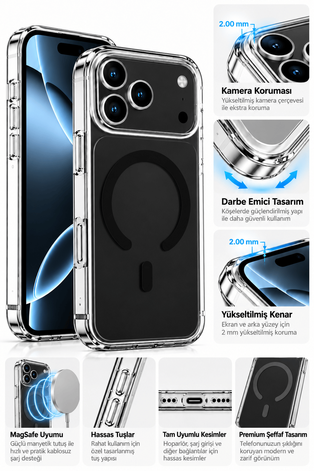 iphone 17 Premium Şeffaf MagSafe Telefon Kılıfı – Güçlü Manyetik Şarj Destekli, Darbe Emici, 2 mm Yükseltilmiş Kenar, Kamera Korumalı – Black