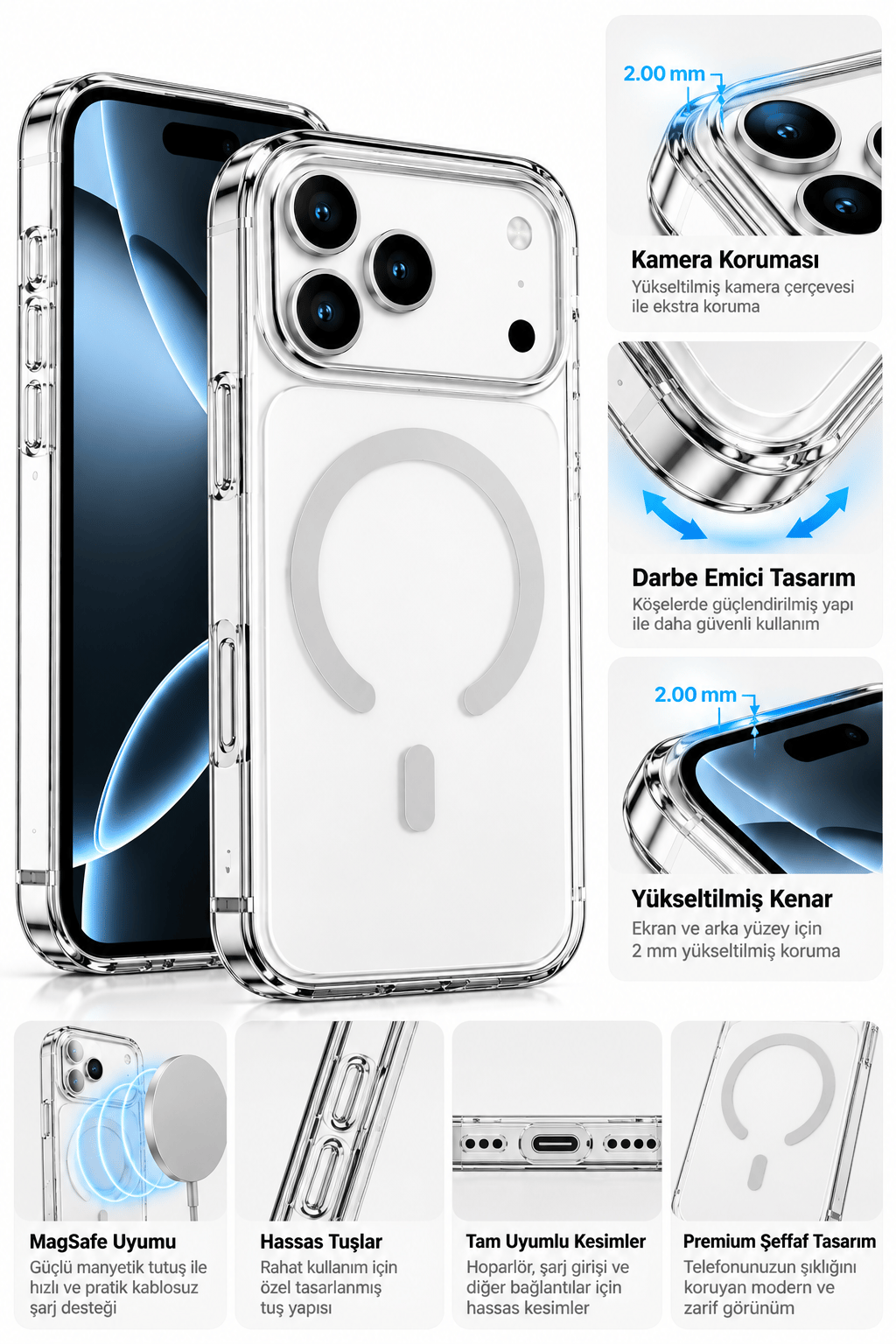 iphone 17 Premium Şeffaf MagSafe Telefon Kılıfı – Güçlü Manyetik Şarj Destekli, Darbe Emici, 2 mm Yükseltilmiş Kenar, Kamera Korumalı – Beyaz