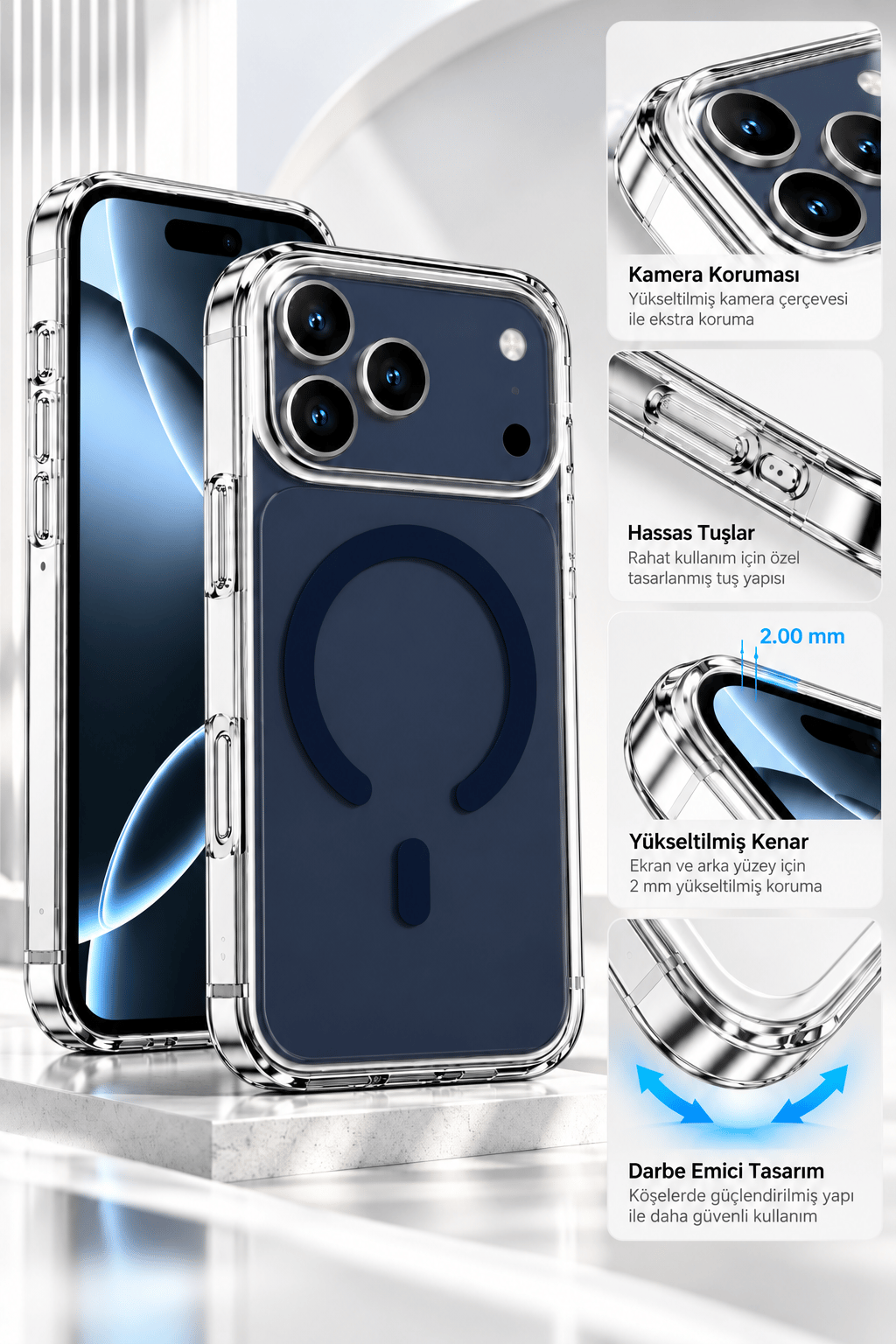 iphone 17 Premium Şeffaf MagSafe Telefon Kılıfı – Güçlü Manyetik Şarj Destekli, Darbe Emici, 2 mm Yükseltilmiş Kenar, Kamera Korumalı – Royal Blue