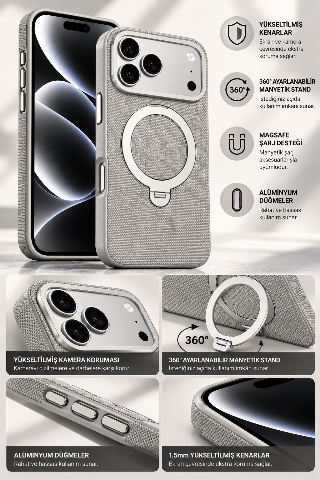 iPhone 17 Pro 360° Döner Manyetik Halkalı Standlı MagSafe Uyumlu Telefon Kılıfı - Gri