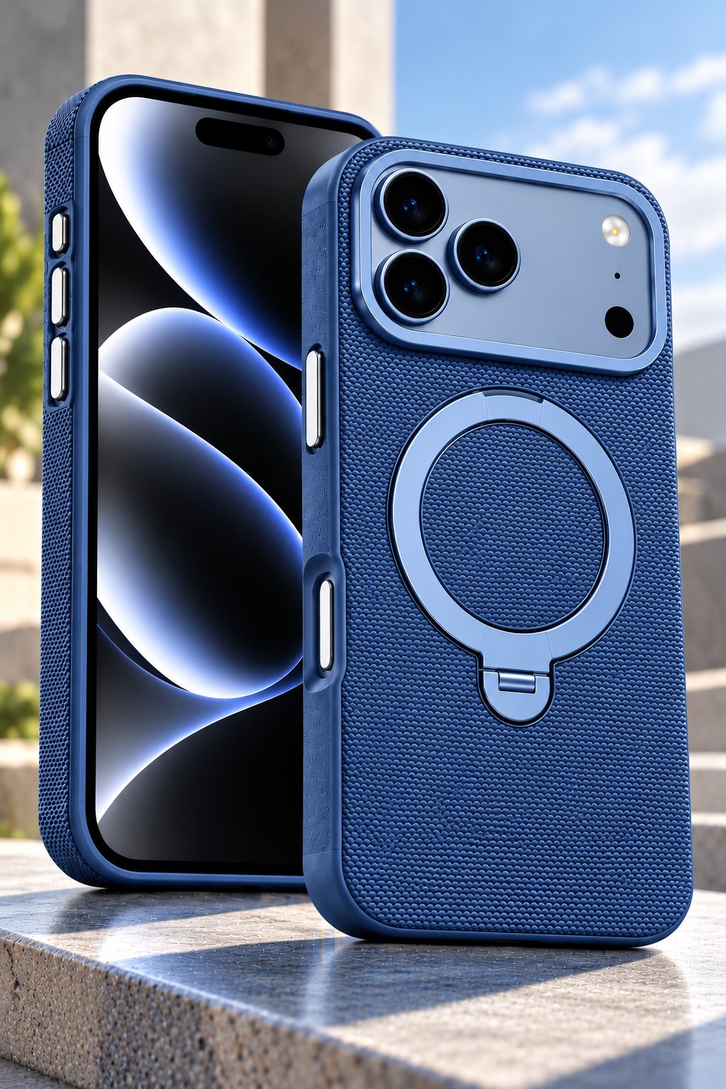 iPhone 17 Pro 360° Döner Manyetik Halkalı Standlı MagSafe Uyumlu Telefon Kılıfı - Mavi