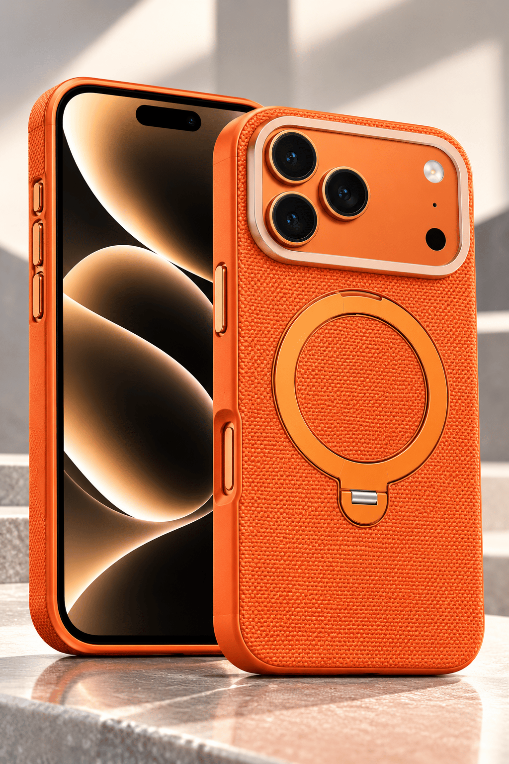 iPhone 17 Pro 360° Döner Manyetik Halkalı Standlı MagSafe Uyumlu Telefon Kılıfı - Turuncu