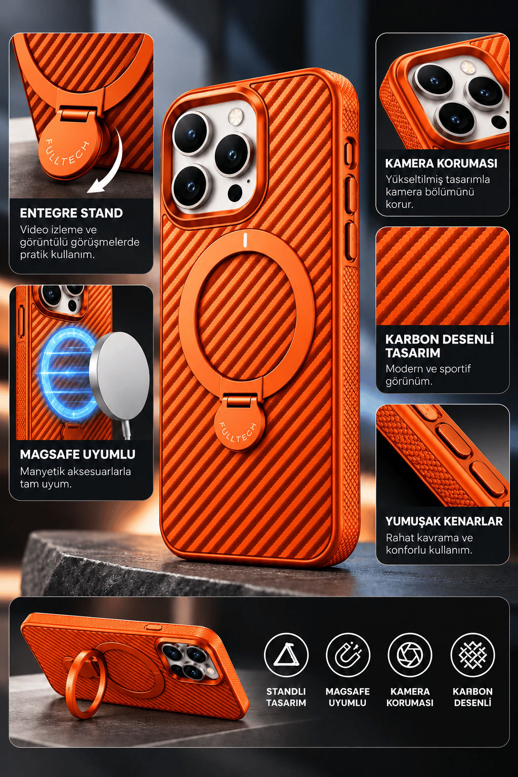 iPhone 17 Pro Max Premium Karbon Desenli Standlı Telefon Kılıfı MagSafe Uyumlu Kamera Korumalı - Turuncu